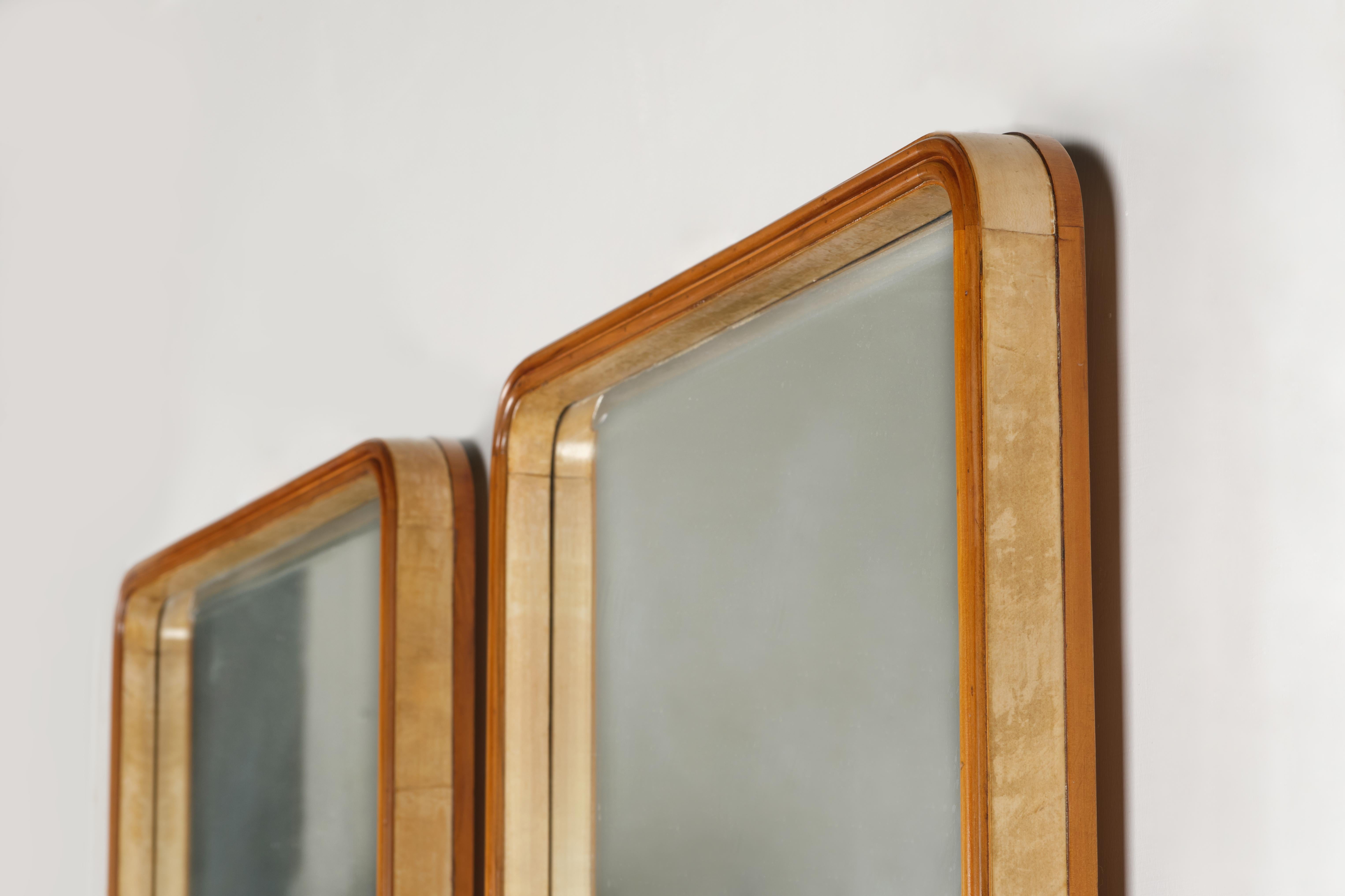 Mid-Century Modern Two Wall Mirrors in Wood and Parchment, 1940 circa
