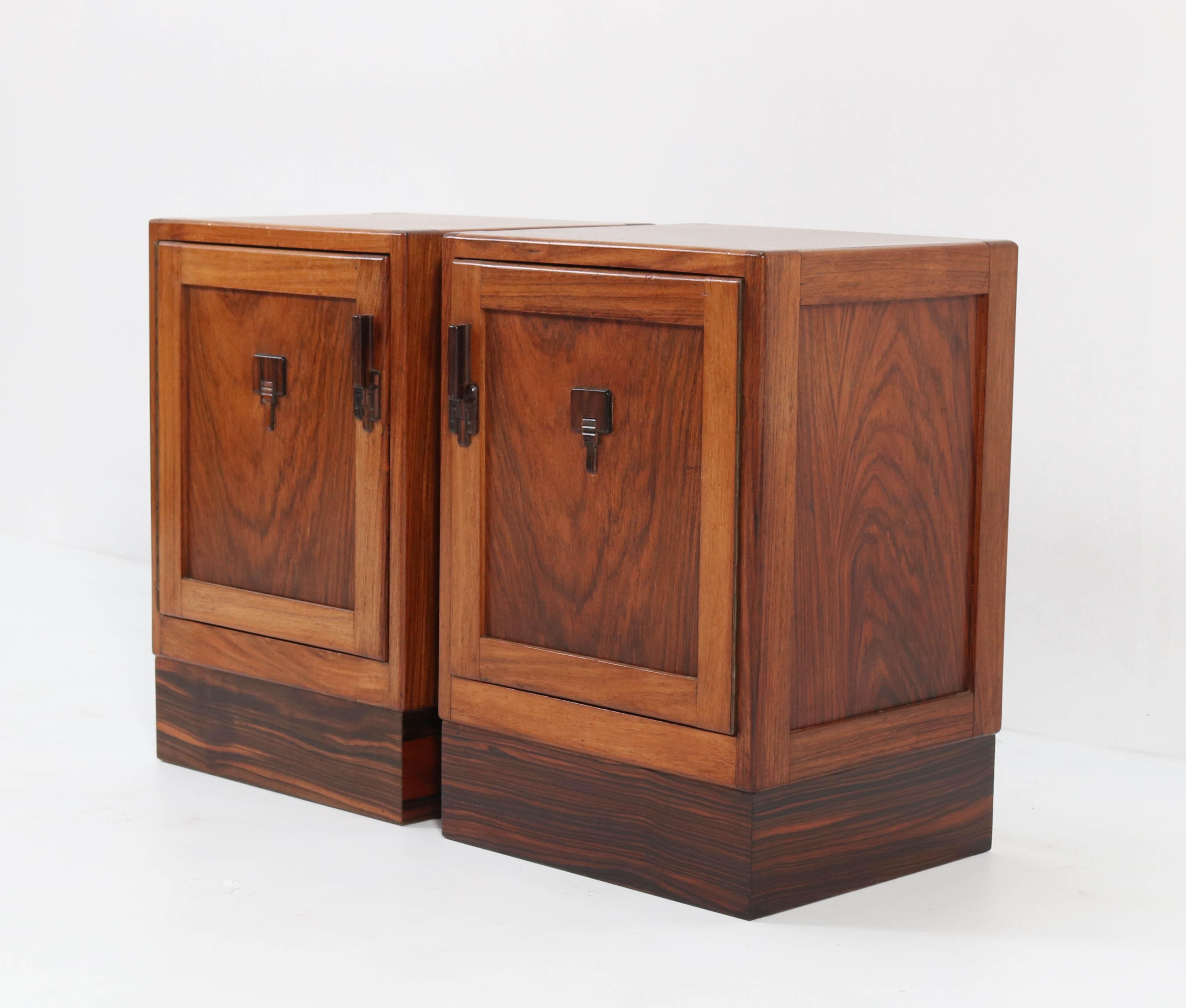 Early 20th Century Two Walnut Art Deco Amsterdam School Nightstands or Bedside Tables, 1920s