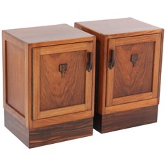 Two Walnut Art Deco Amsterdam School Nightstands or Bedside Tables, 1920s