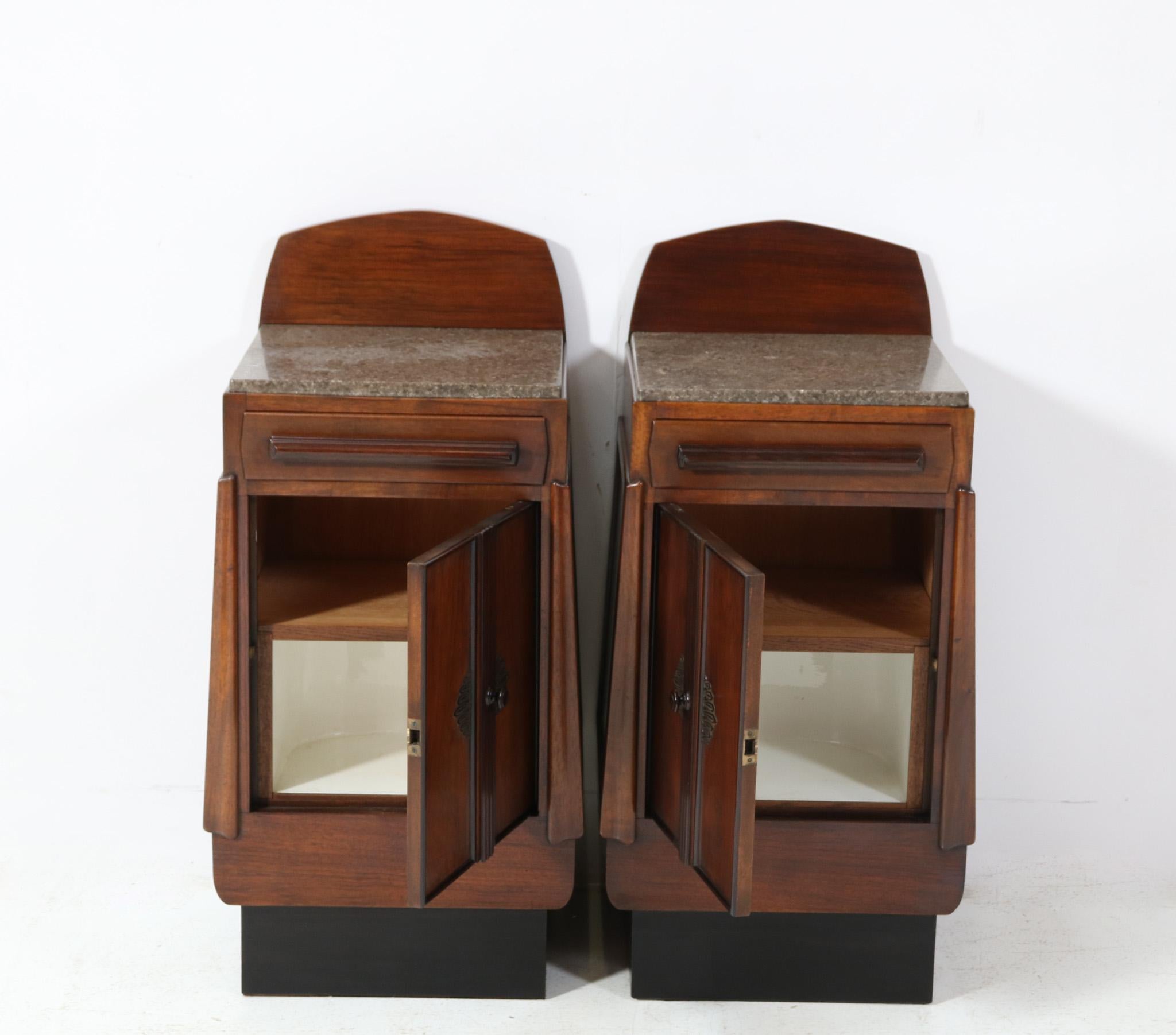 Dutch Two Walnut Art Deco Amsterdamse School Nightstands or Bedside Tables, 1920s