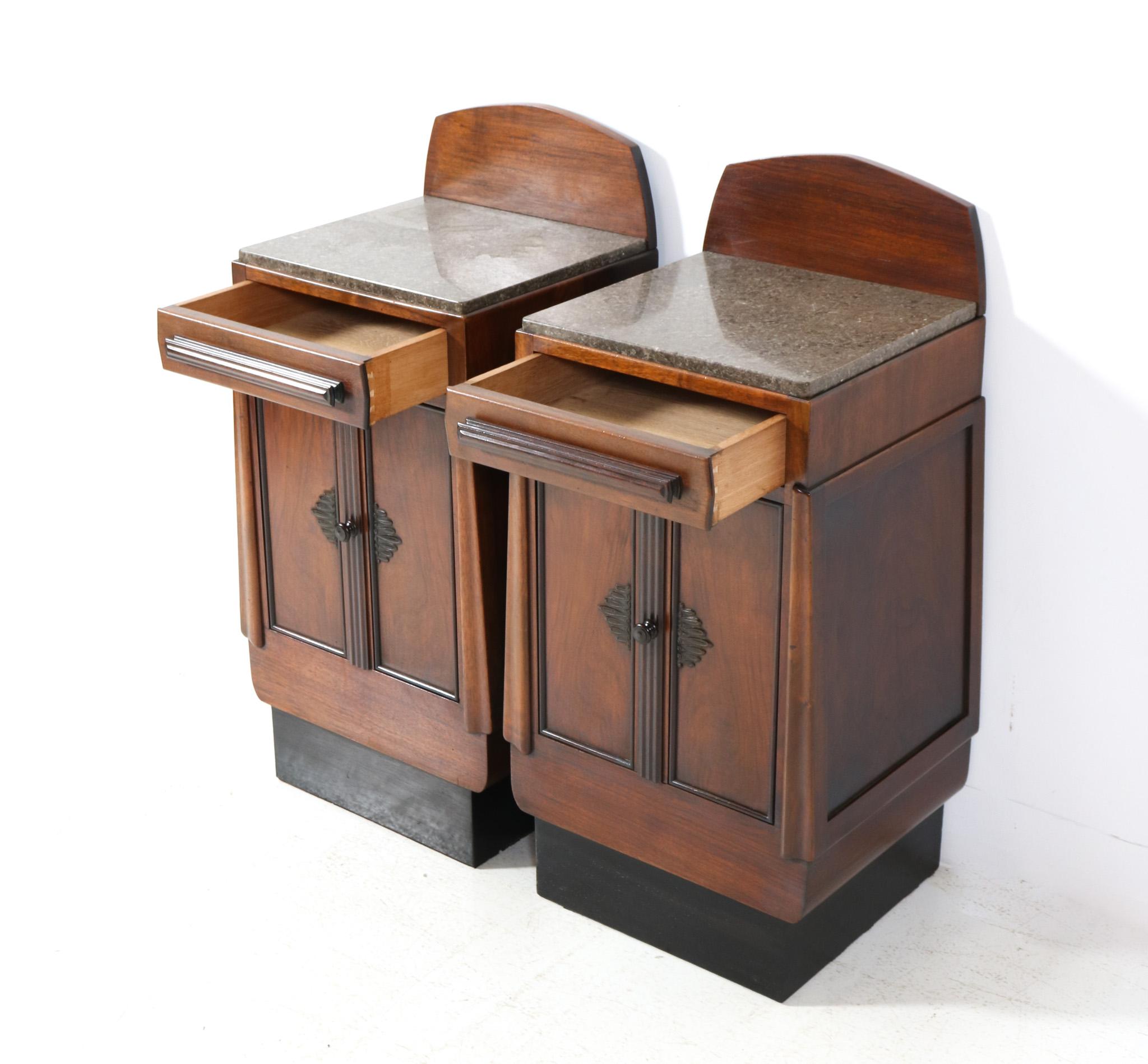 Early 20th Century Two Walnut Art Deco Amsterdamse School Nightstands or Bedside Tables, 1920s