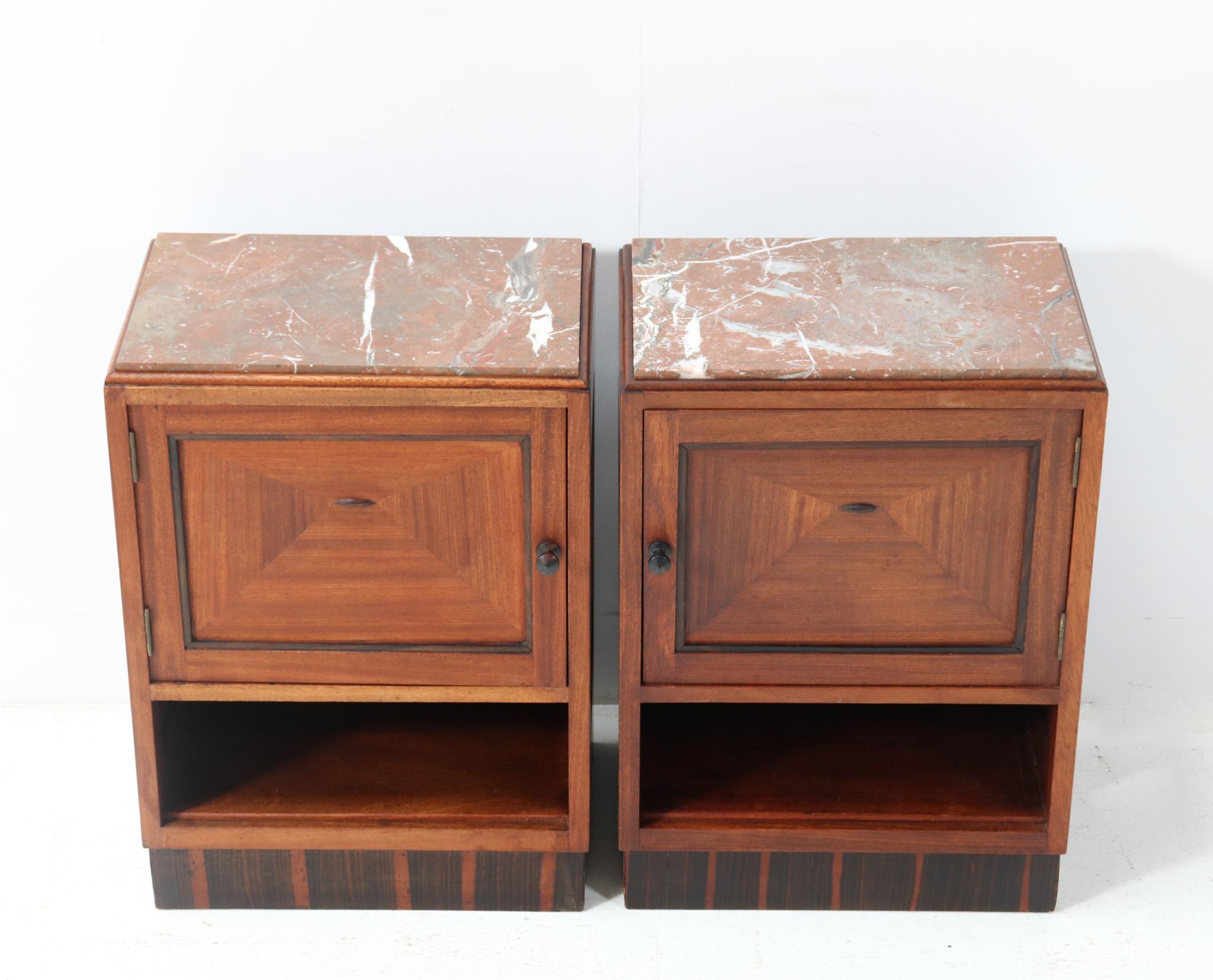 Marble Two Walnut Art Deco Amsterdamse School Nightstands or Bedside Tables, 1920s