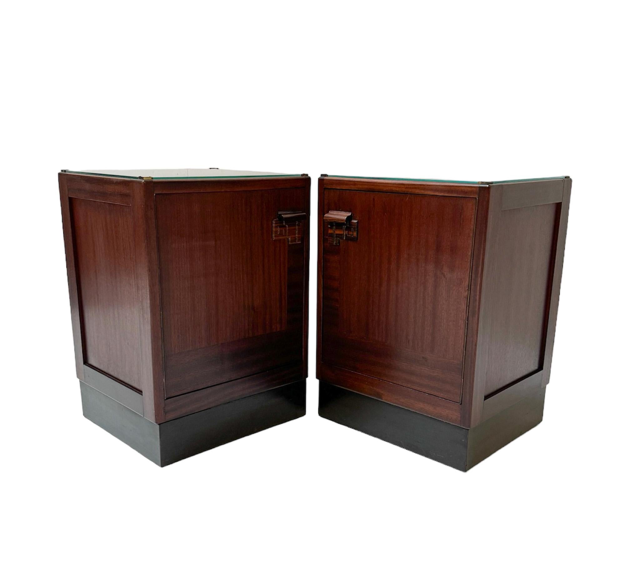 Glass Two walnut Art Deco Amsterdamse School Nightstands or Bedside Tables, 1920s For Sale