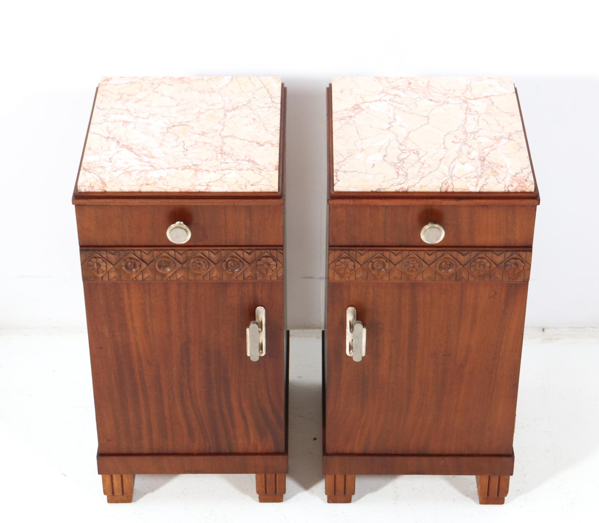 French Two Walnut Art Deco Nightstands or Bedside Tables, 1930s For Sale