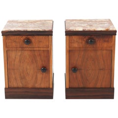 Two Walnut Art Deco Nightstands or Bedside Tables with Onyx Tops, 1930s