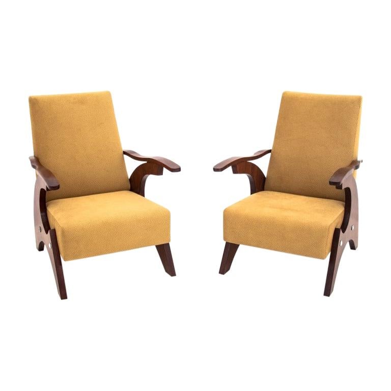 Two Walnut Art Deco Yellow Armchairs, 1950