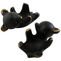 Vintage Two Walter Bosse Bear Candleholders, Hertha Baller, Blackened Brass, 1960