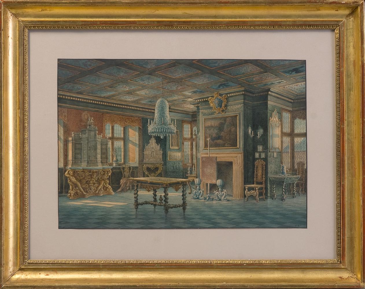 Two Watercolours ''Interior views of Rosenborg'' Copenhaguen. 
Signed: Carl Neumann (1833-1891)
With antique gilded frames.