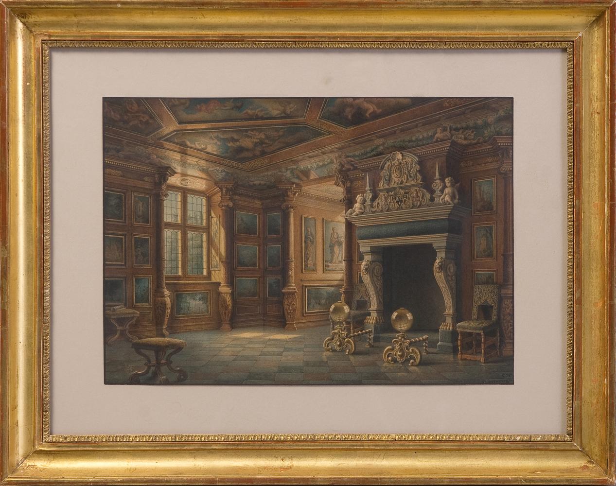 Danish Carl Neumann (1833-1891) Two Watercolours ''Interior views of Rosenborg''  For Sale