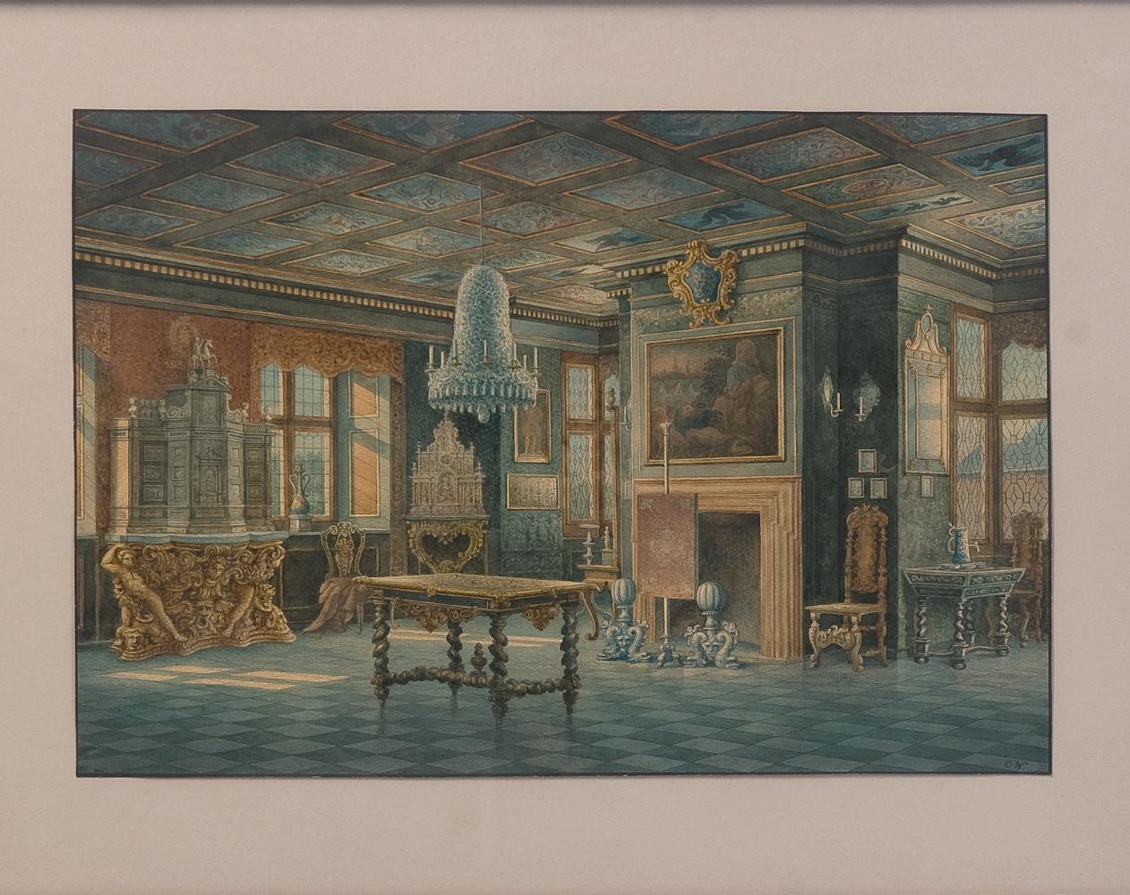 Carl Neumann (1833-1891) Two Watercolours ''Interior views of Rosenborg''  In Good Condition For Sale In Saint-Ouen, FR