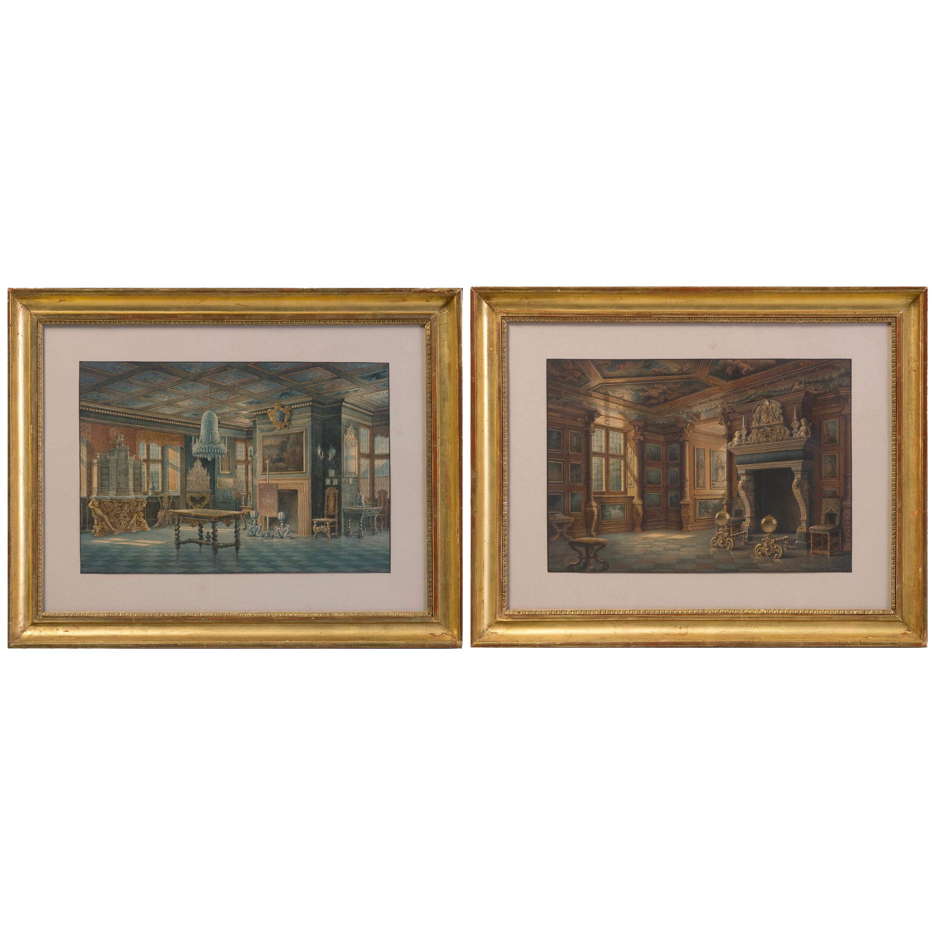 Carl Neumann (1833-1891) Two Watercolours ''Interior views of Rosenborg'' 
