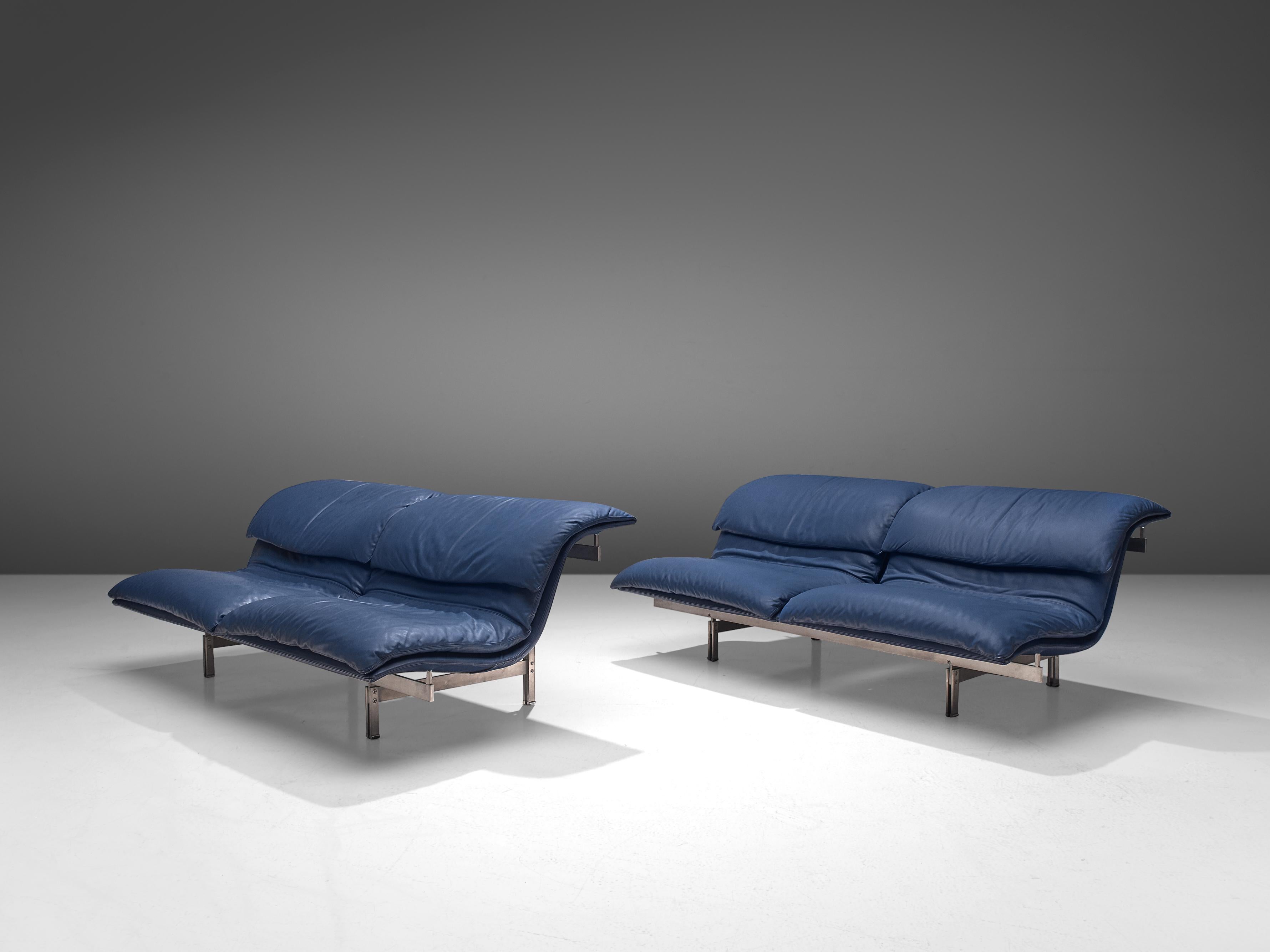 Italian Giovanni Offredi for Saporiti Pair of 'Wave' Sofas in Sapphire Blue Leather 