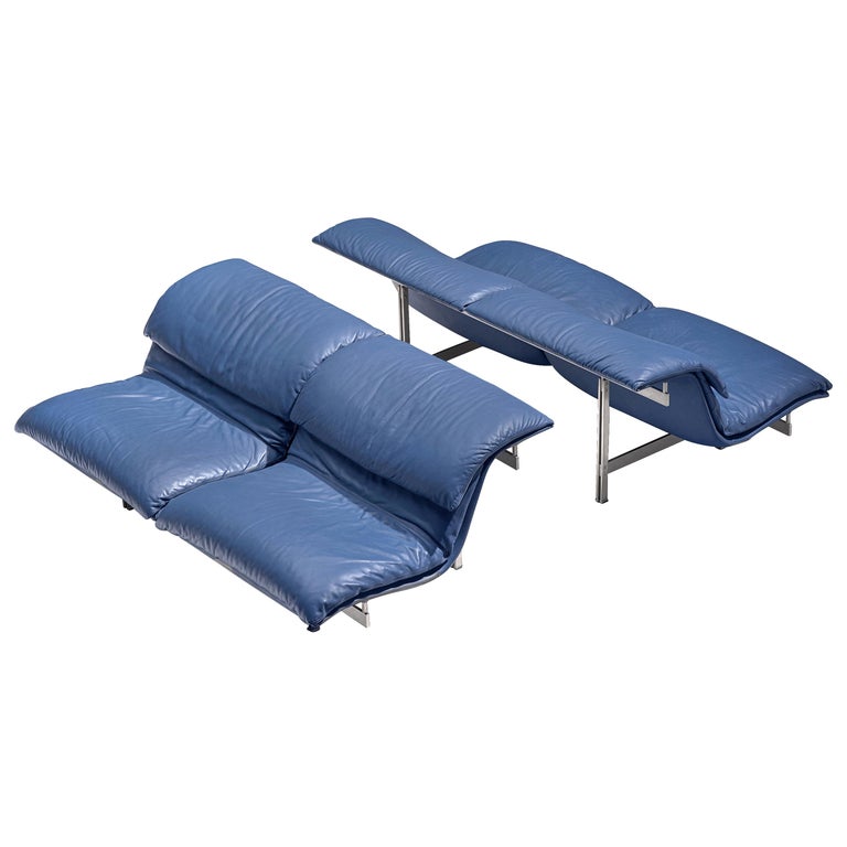 Giovanni Offredi for Saporiti Pair of 'Wave' Sofas in Sapphire Blue Leather  For Sale
