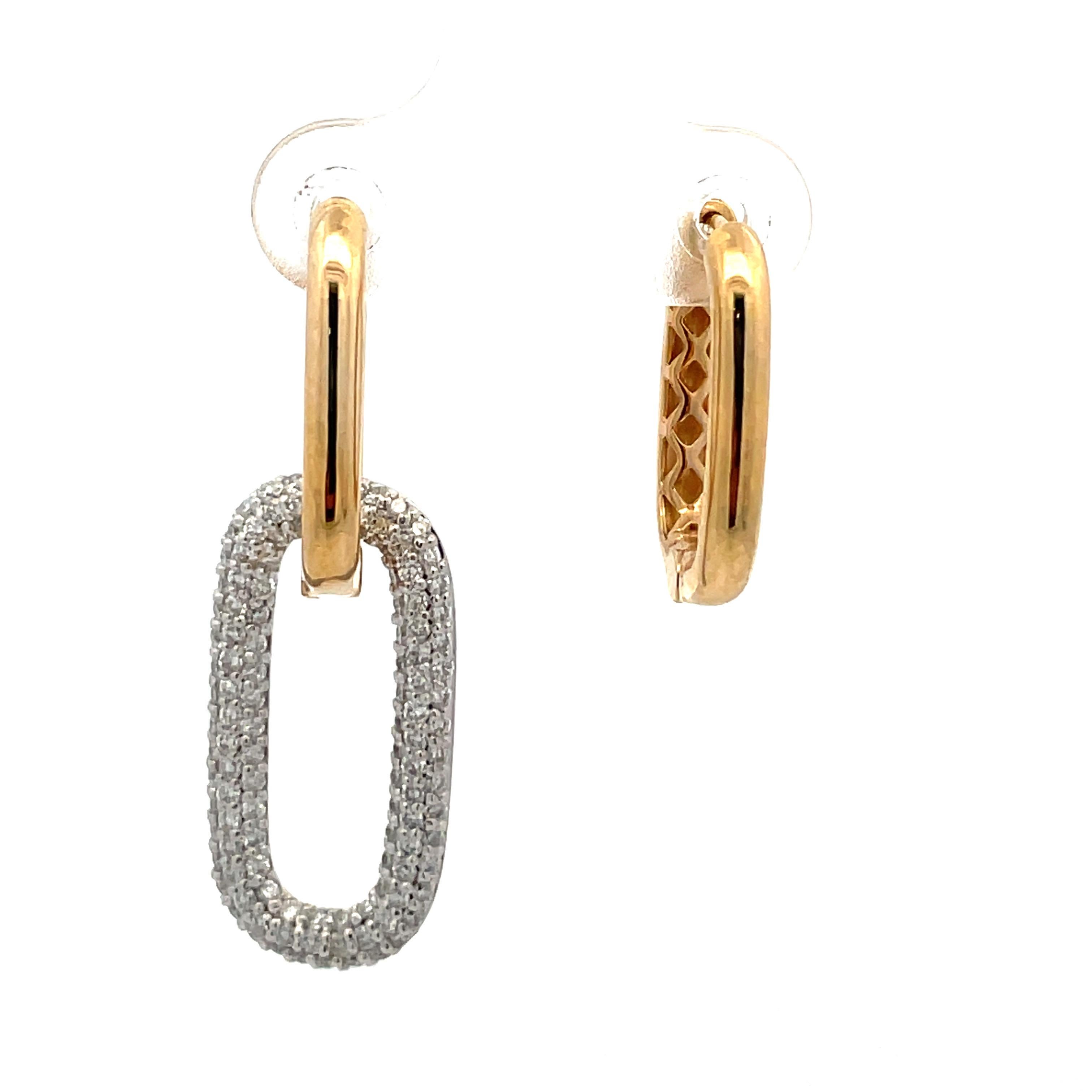 Diamond hoop link earrings featuring 244 round brilliants weighing 1.68 Carats in 14 karat yellow & white gold.
Diamond Hoop is detachable and yellow hoop can be worn alone. 
Full of sparkle!

Yellow Hoop Length: 3/4