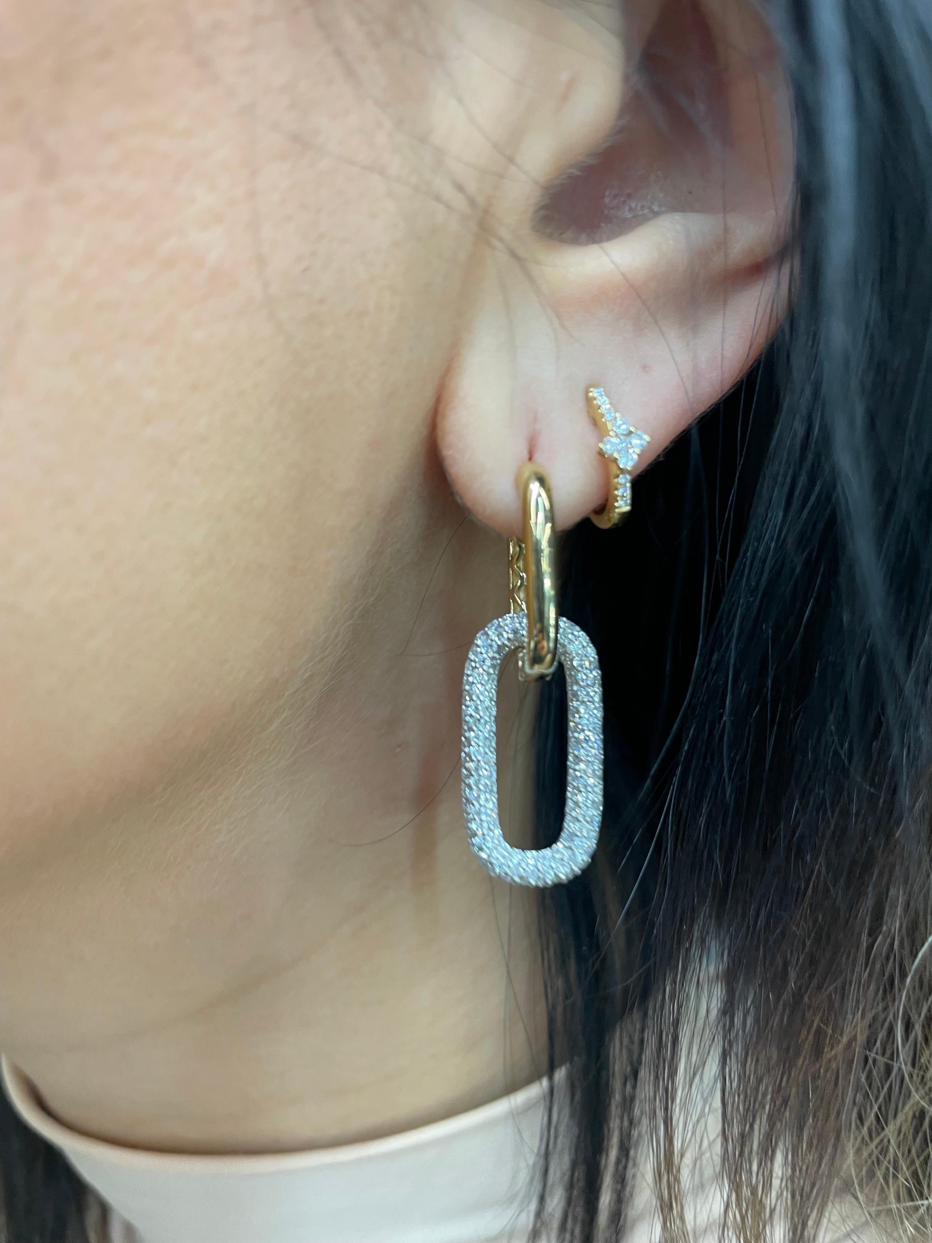 Two Way Detachable Diamond Link Drop Earrings 1.68 CT 14 Karat Yellow White Gold 1