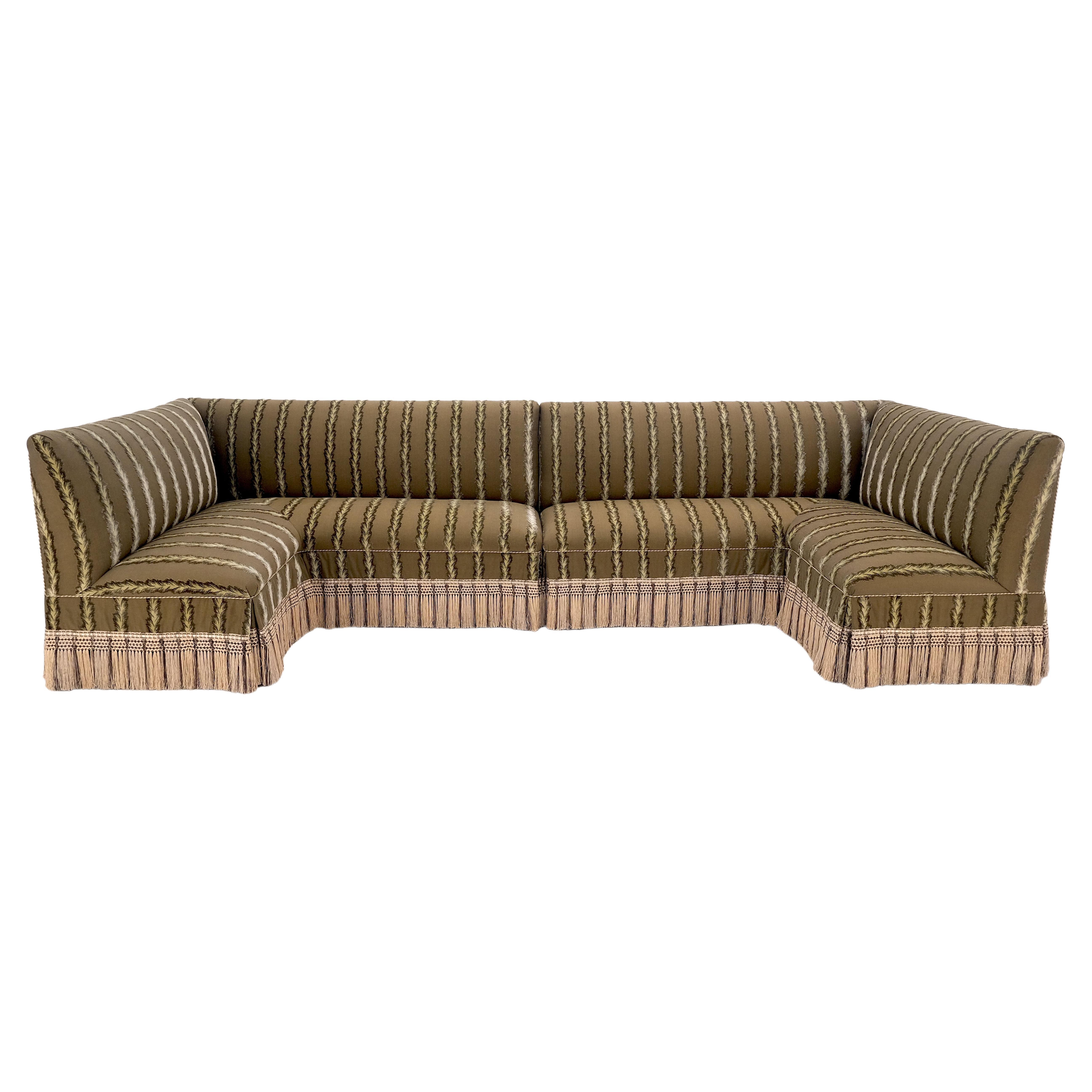 Two Way Two Part "C" Shape Striped Upholstery Custom Sofa Couch w/ Tassels MINT! For Sale