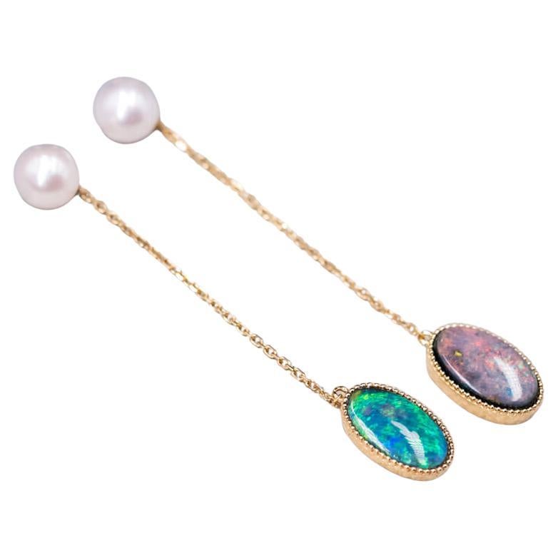 Two Ways Akoya Pearl Stud Earrings & Australian Black Opal Drop Earrings 18K Yel For Sale