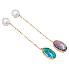 Boucles d'oreilles double perle Akoya et pendants d'opale noire australienne 18K Yel