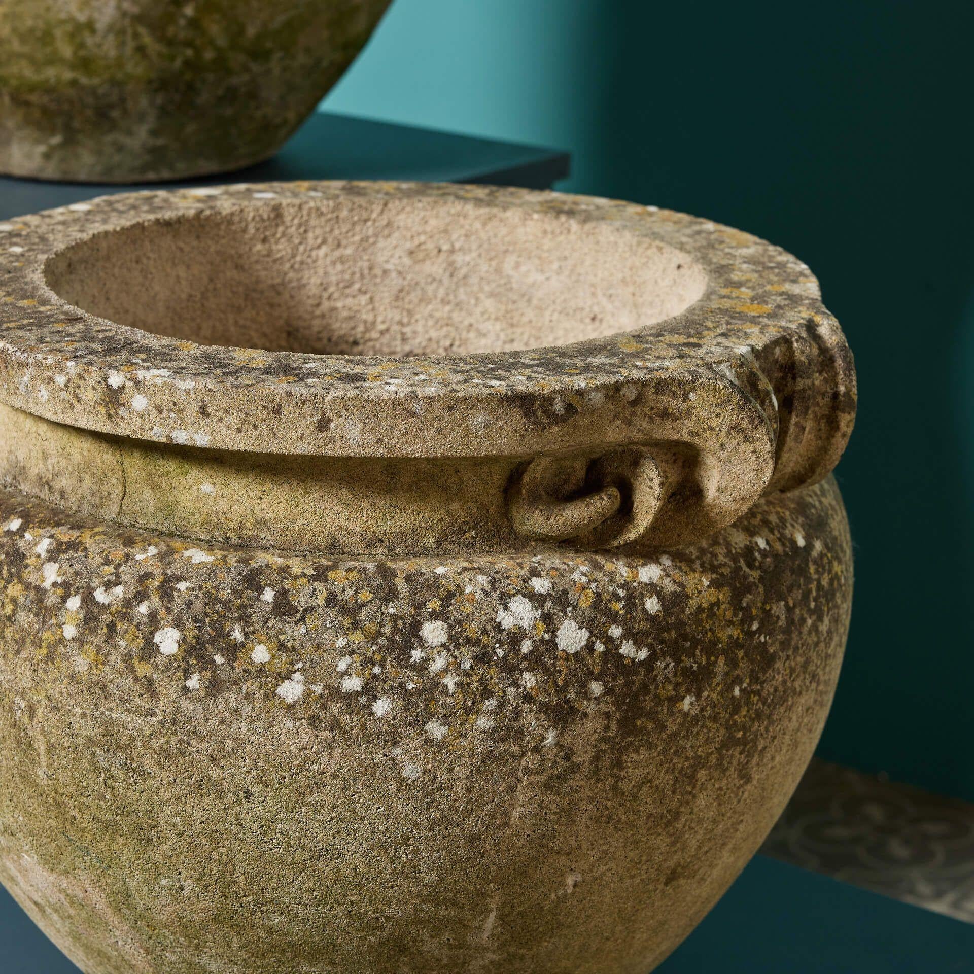 Victorian Two Weathered Compton Style Scroll Pots For Sale