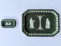 Two Wedgwood Olive Green Dip Jasper Ware Octagonal Trays
