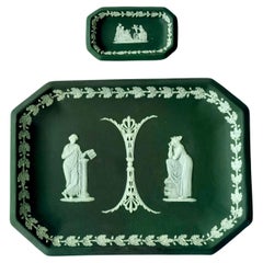 Two Wedgwood Olive Green Dip Jasper Ware Octagonal Trays