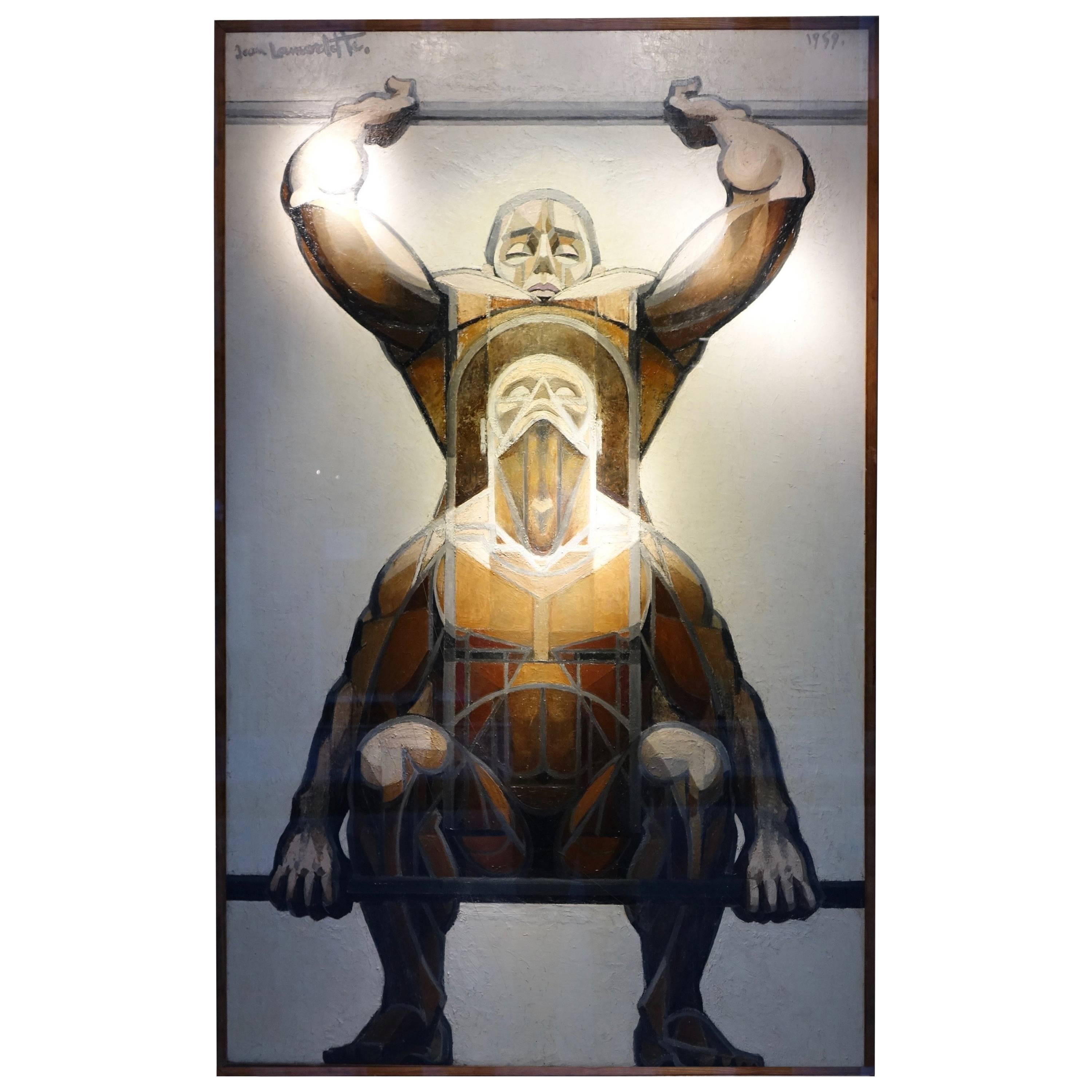  Two Weightlifters,  a Painting  Signed Jean Lamorlette 1959, Oil on Panel For Sale