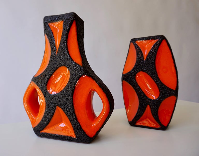 Mid-Century Modern Two West German Roth Keramik Art Pottery 'Fat Lava' Guitar Vase For Sale
