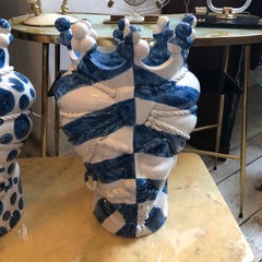 Two White and Blue Hand-Painted Clay Sicilian Moro's Head Vases