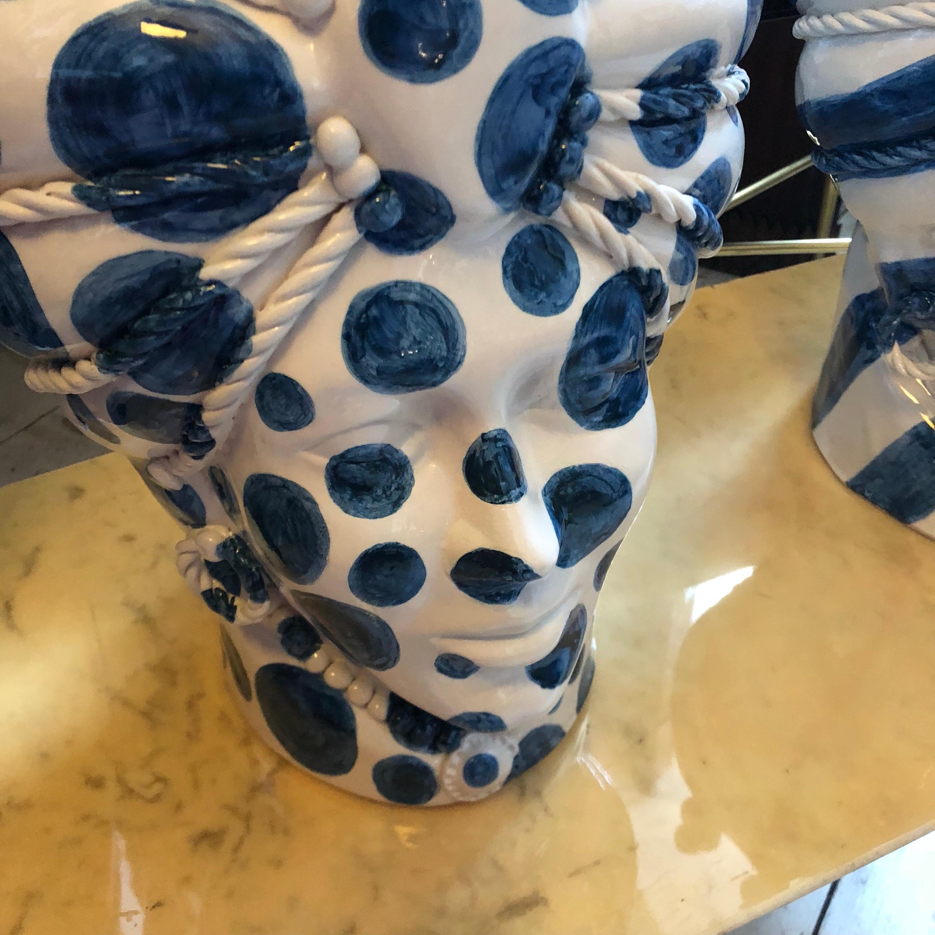 Contemporary Two White and Blue Hand-Painted Clay Sicilian Moro's Head Vases