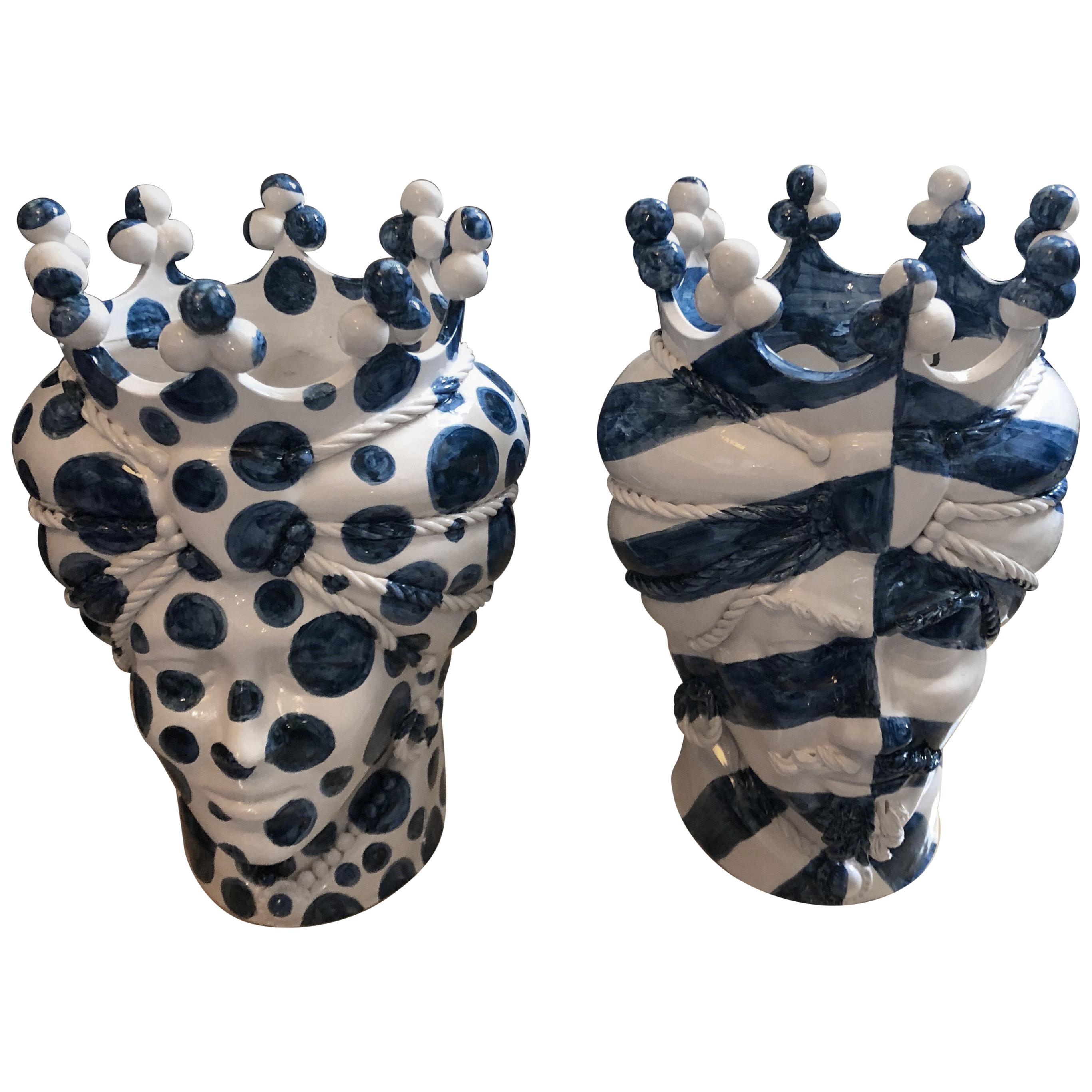 Two White and Blue Hand-Painted Clay Sicilian Moro's Head Vases