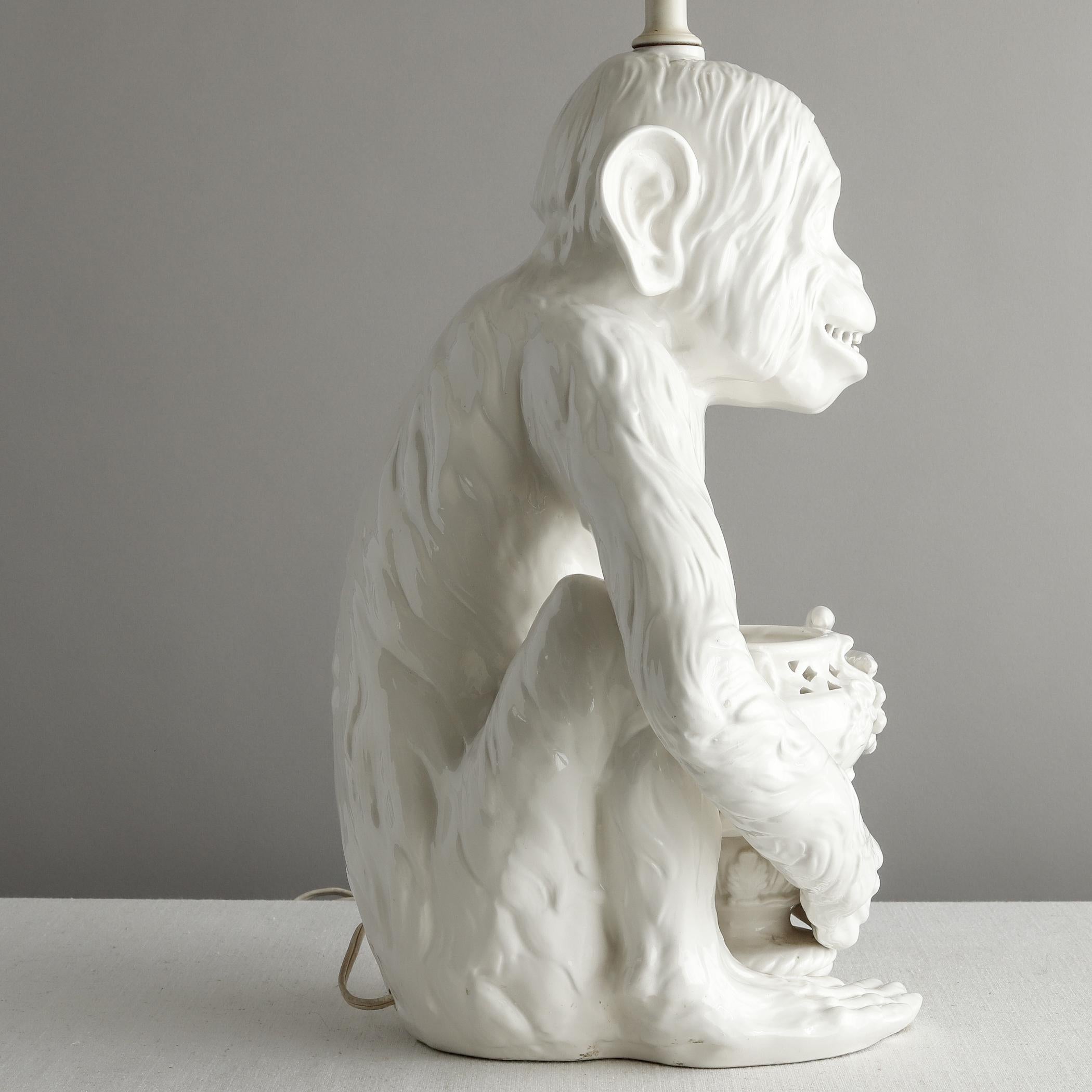Late 20th Century Two White Ceramic Monkey Lamps, Seated Chimp Greenspan Hollywood Regency, 1970s For Sale