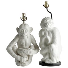 Retro Two White Ceramic Monkey Lamps, Seated Chimp Greenspan Hollywood Regency, 1970s