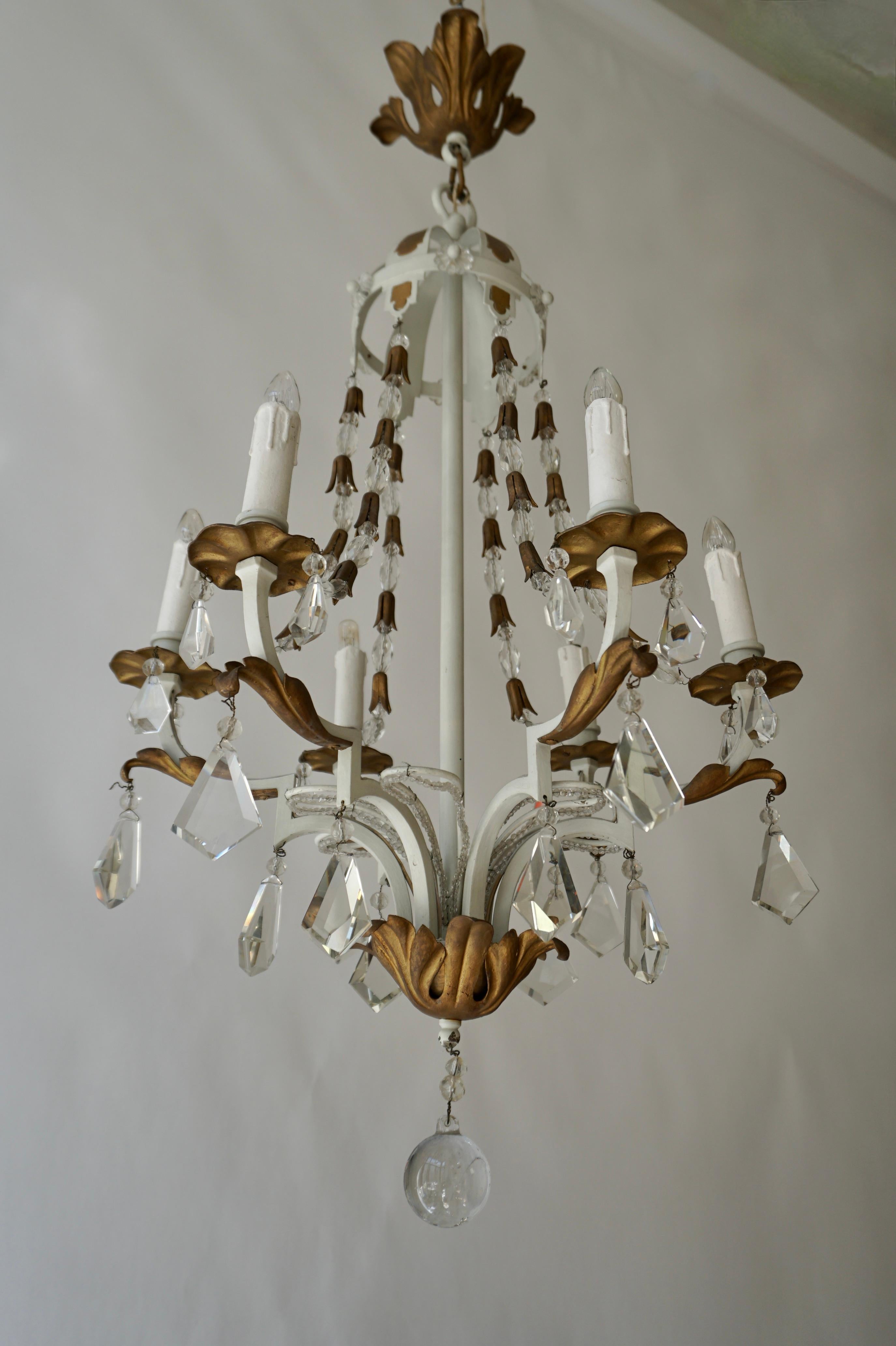 French Two White Gold Chandeliers Decorated with Crystal For Sale