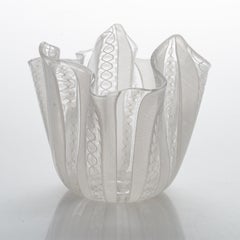 Two White Handkerchief Vases/bowls, Zanfirico Filigree Glass, Venini, Murano