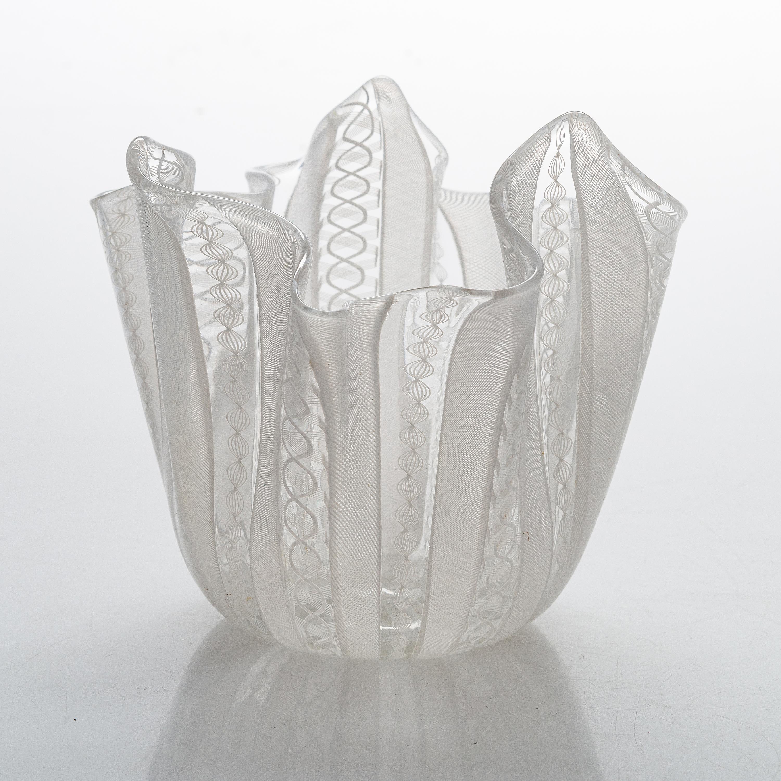 Mid-Century Modern Two White Handkerchief Vases/bowls, Zanfirico Filigree Glass, Venini, Murano  For Sale
