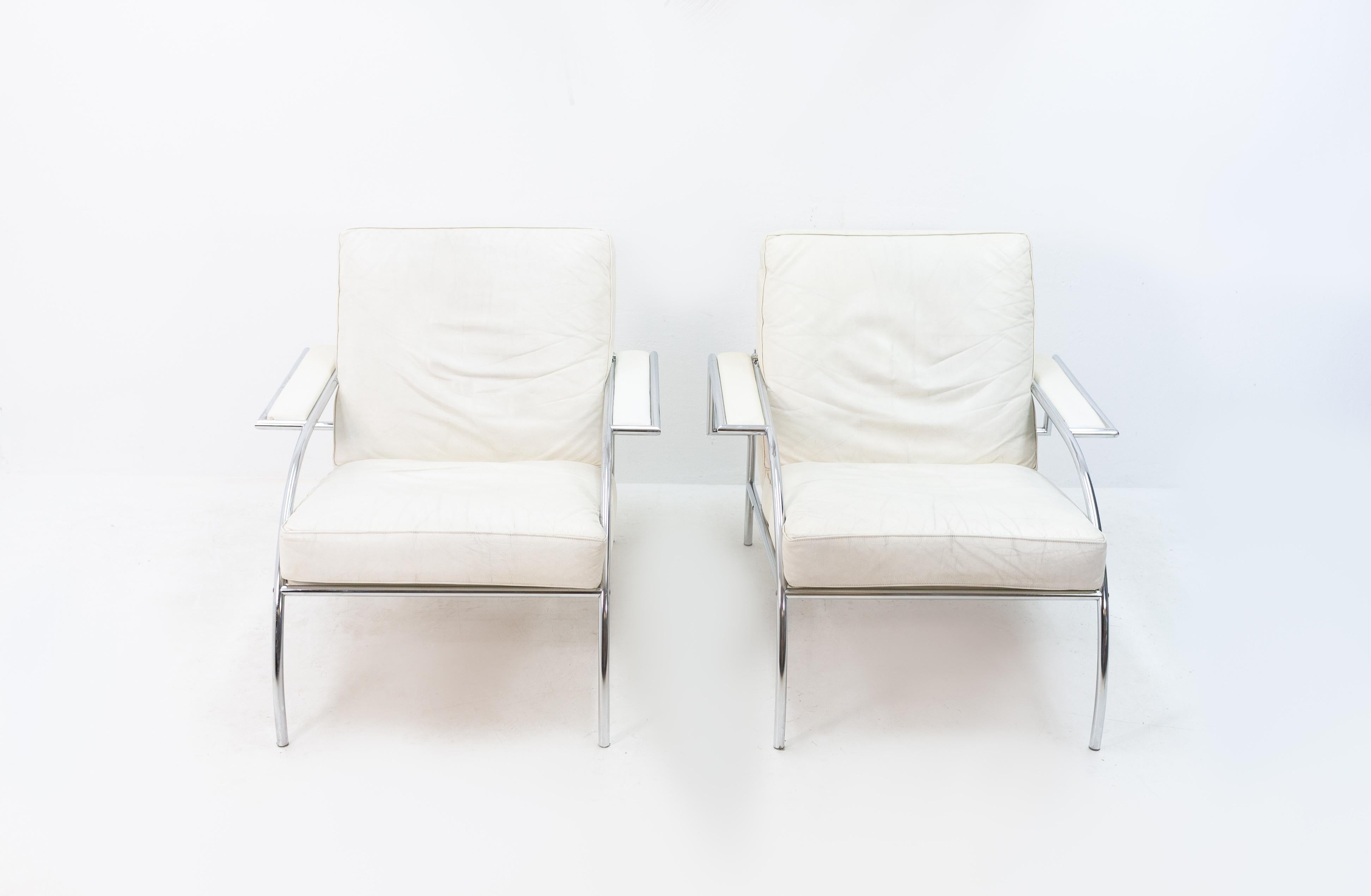 Two White Leather Gerard Vollenbrock Recliner Lounge Chairs Model 4735 In Good Condition In Den Haag, NL