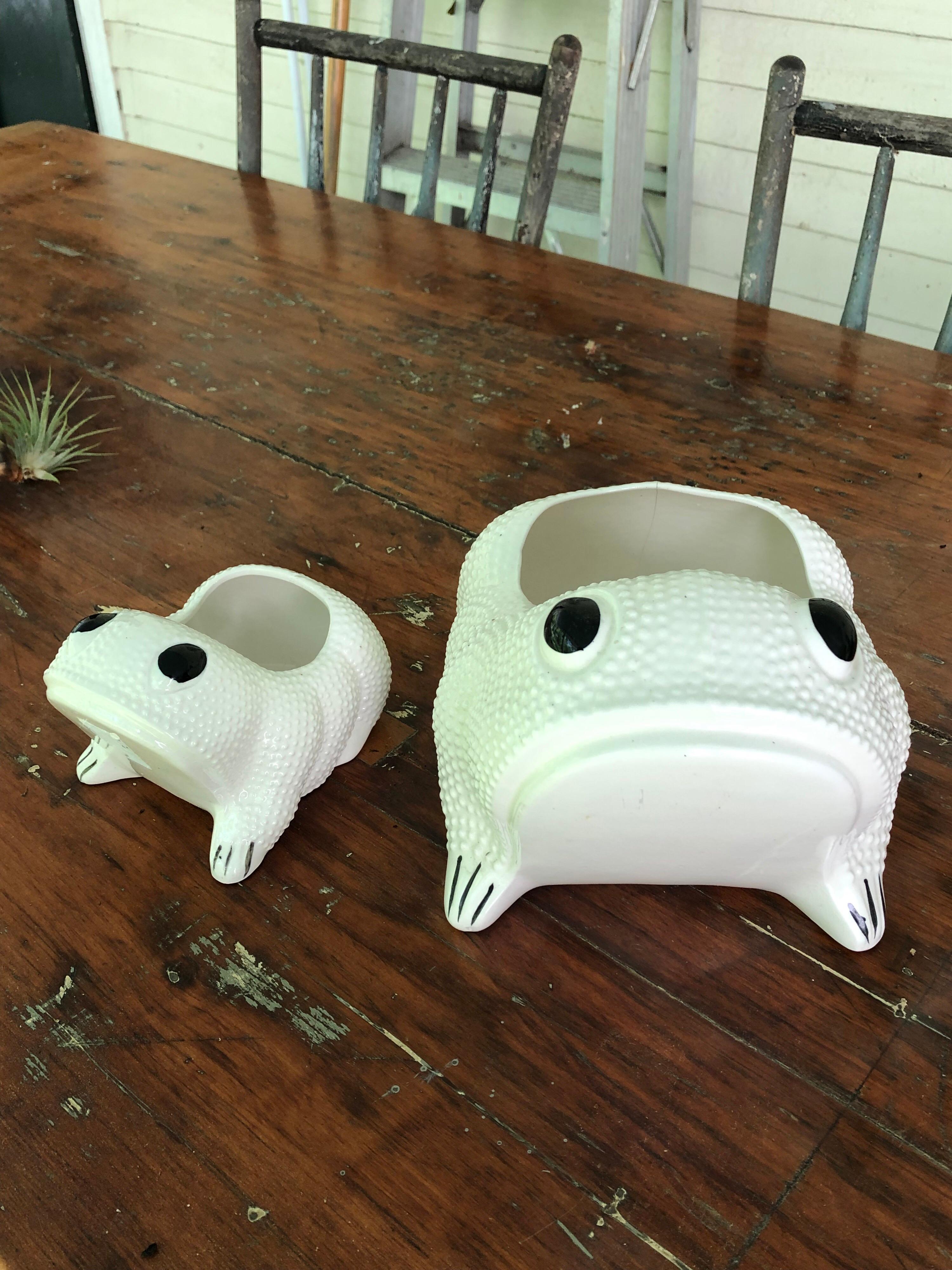 Two White Toad Form Porcelain Planters 3