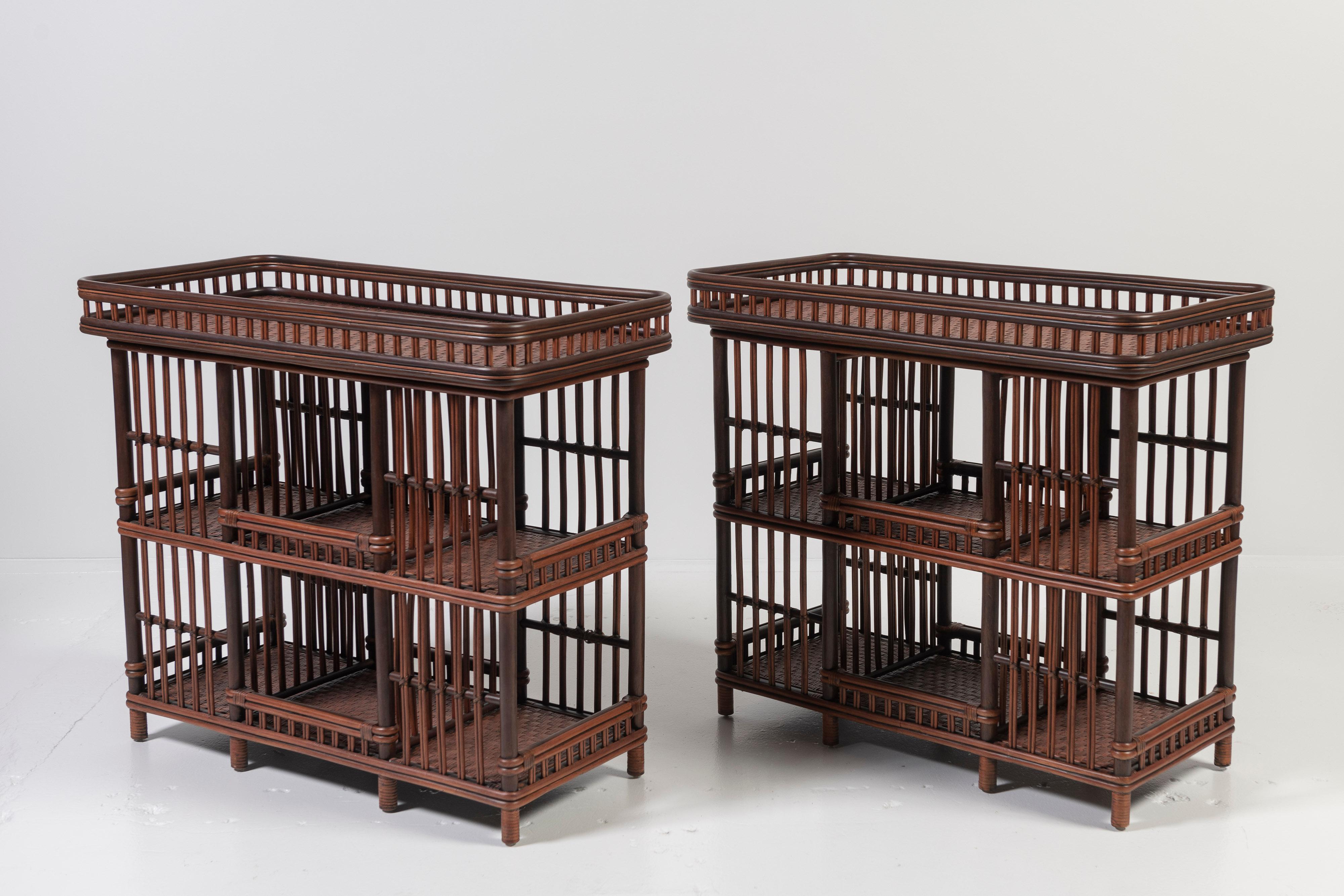 These two wicker cabinets are in very good condition, can be utilized in a variety of ways and are perfect for today's style makers. The pieces are framed in whole-core woven rattan, are counter height and have shelves for storage below. Stock as a