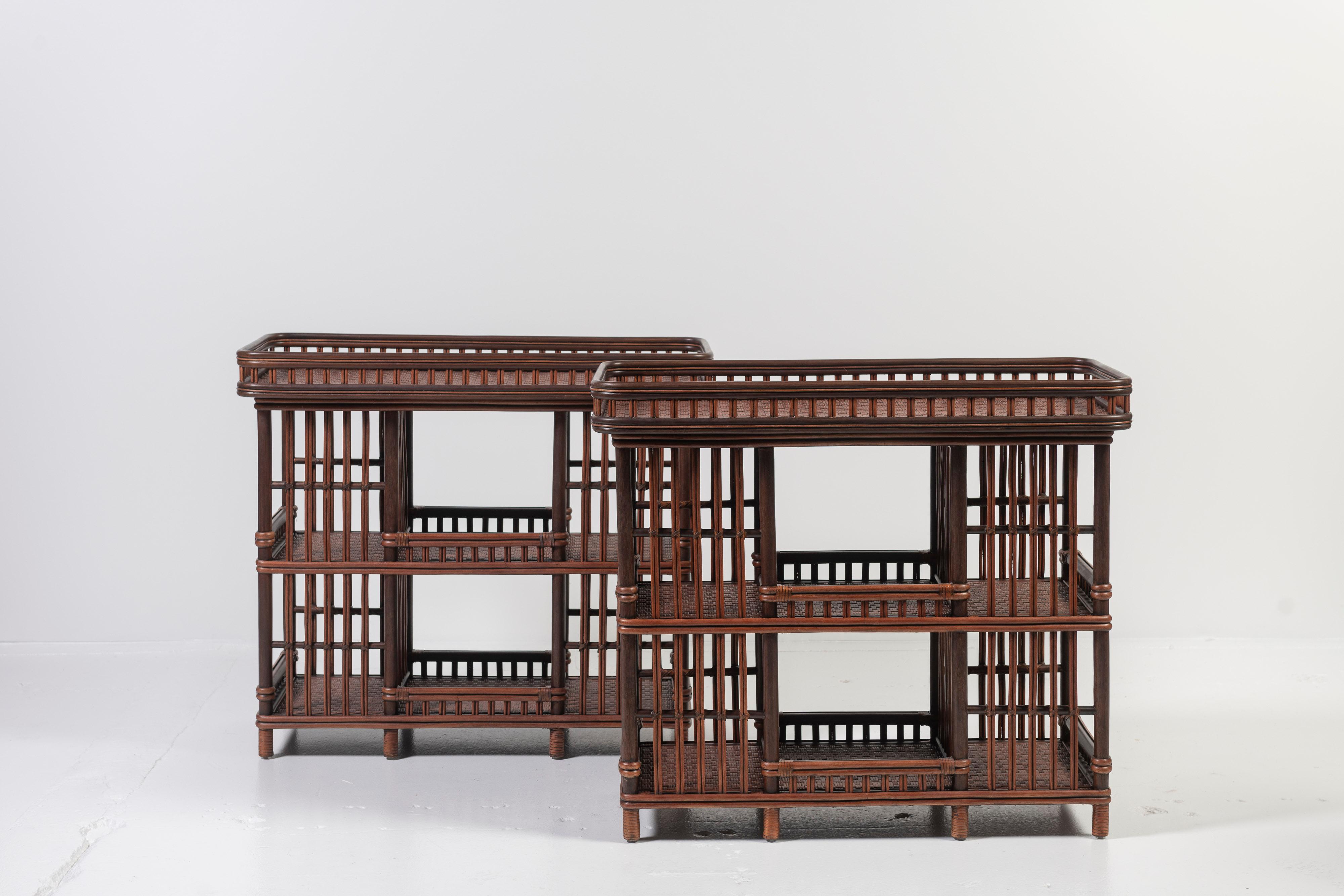 North American Two Williamsburg Coffee Finish Wicker Tiki Bars, Etegeres or Bookcases