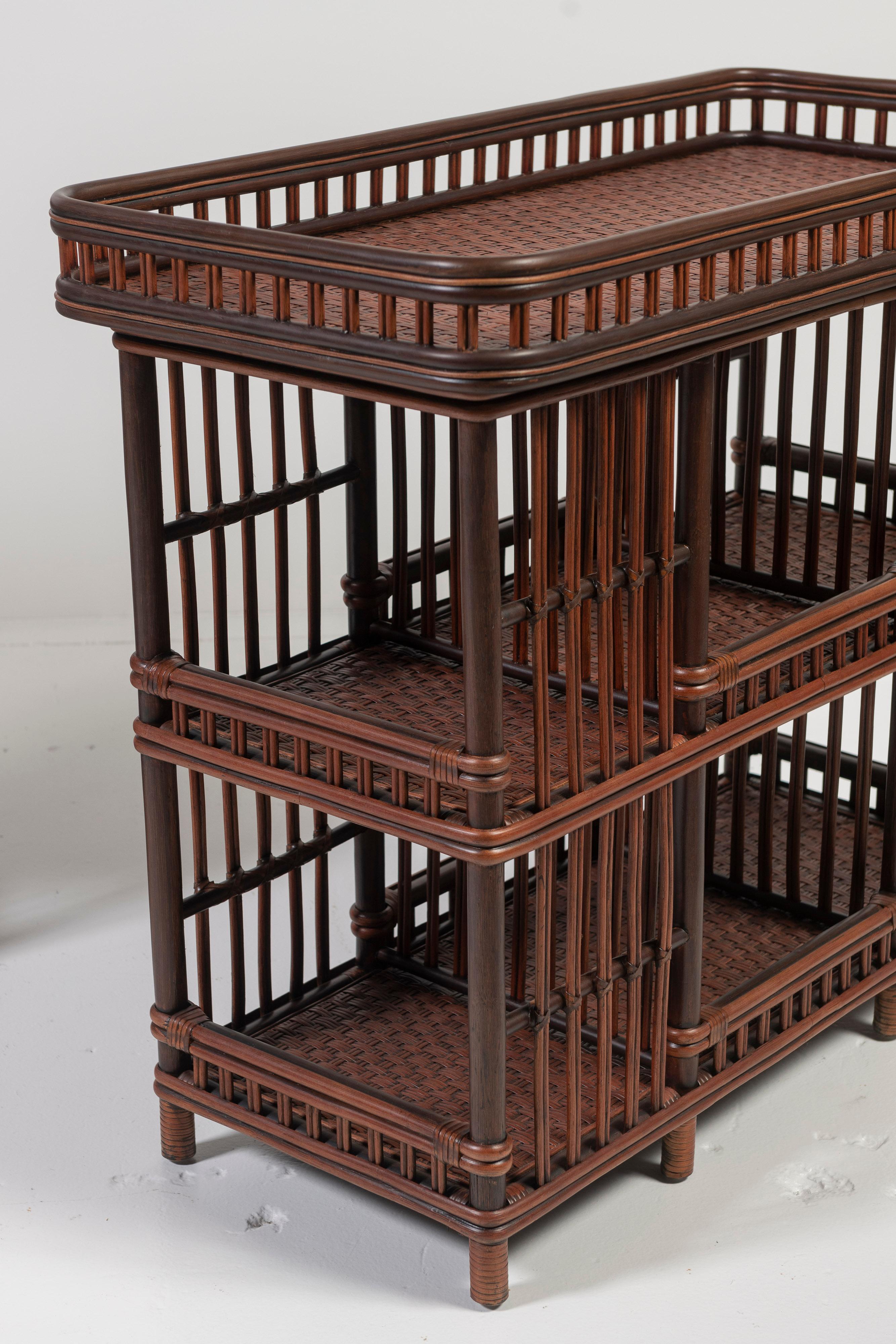 Two Williamsburg Coffee Finish Wicker Tiki Bars, Etegeres or Bookcases In Good Condition For Sale In San Francisco, CA