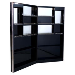 Antique Two-Winged 1930s French Art Deco Bar Back Wall in Black Lacquer with Chrome