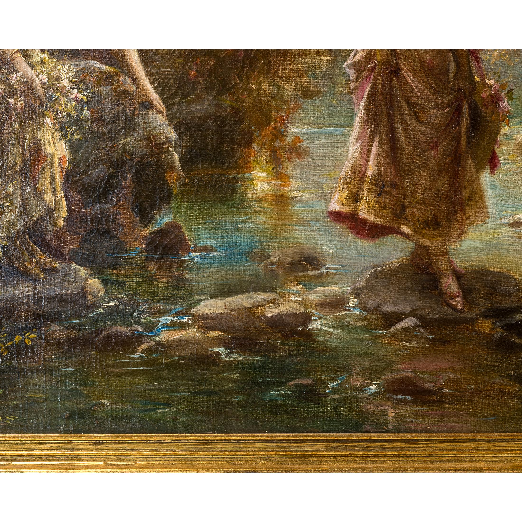 Two Women Crossing a Stream in The Forest by Hans Zatzka In Good Condition For Sale In New York, NY
