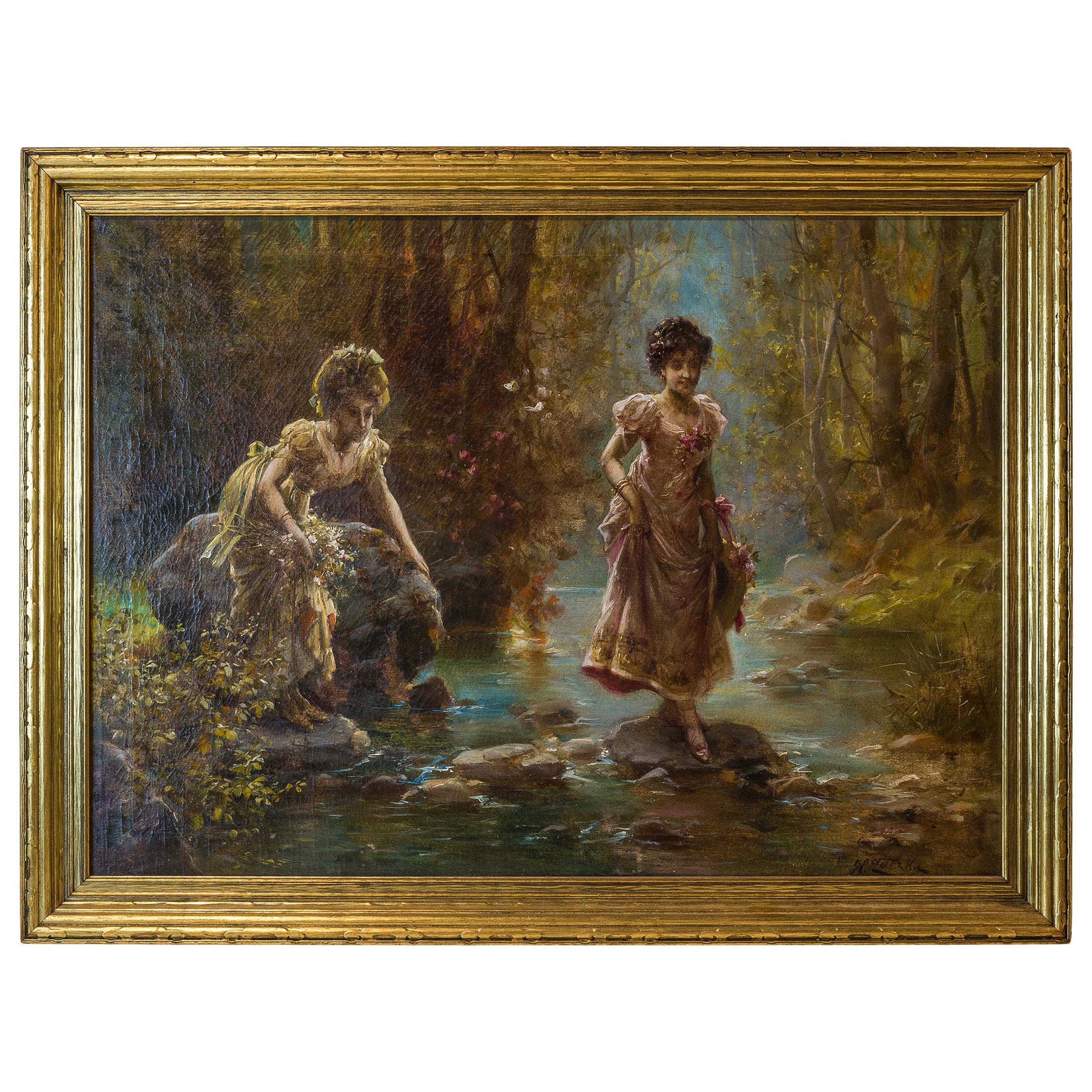 Two Women Crossing a Stream in The Forest by Hans Zatzka For Sale