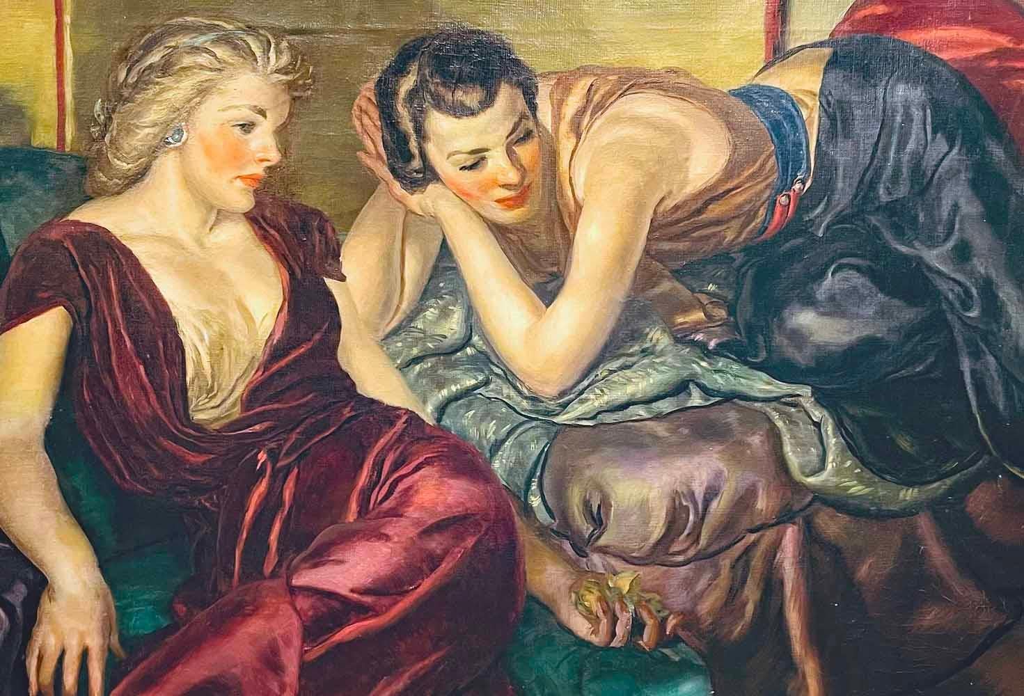 Dieses üppige Porträt zweier Frauen, die Seite an Seite zwischen Kissen und Stoffen aus Satin und Seide liegen, wurde von Rudolph Schabelitz gemalt und ist sehr üppig in Szene und Farbgebung.  Es ist nicht bekannt, wer diese Frauen waren, aber es