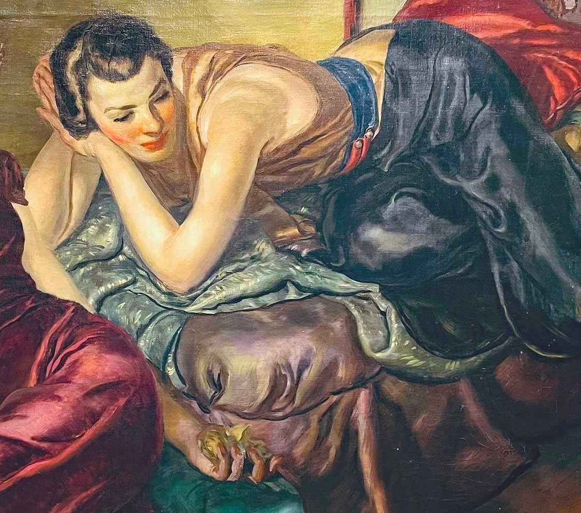 „Two Women Lounging“, reich verziertes Porträt von Figuren aus Satin und Seide, 1940er Jahre (Art déco) im Angebot