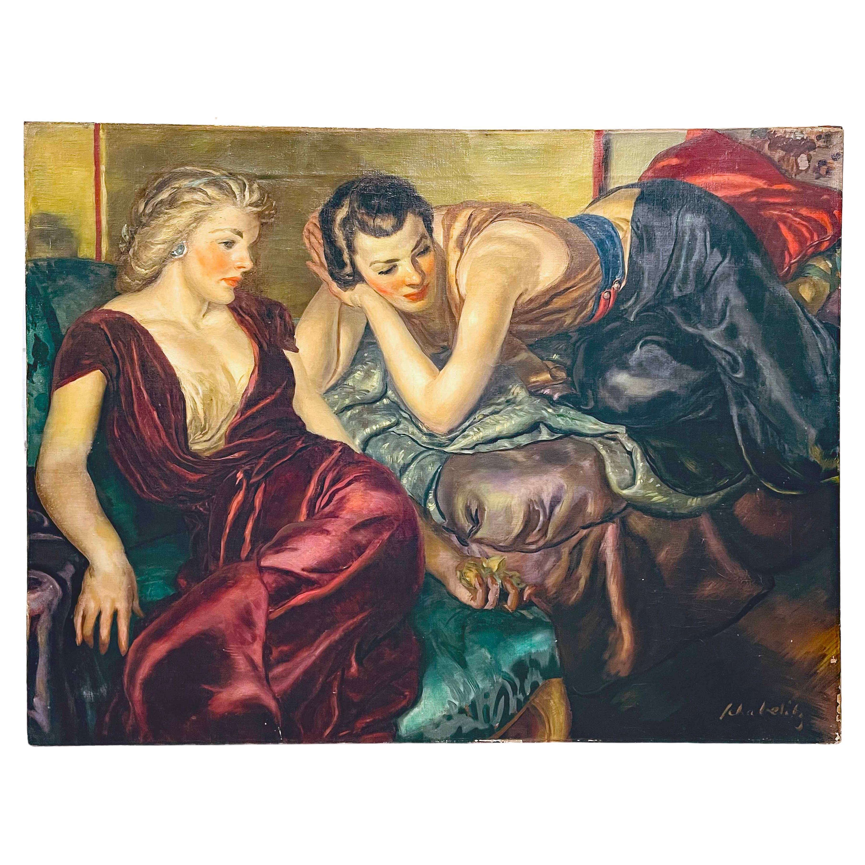 „Two Women Lounging“, reich verziertes Porträt von Figuren aus Satin und Seide, 1940er Jahre im Angebot