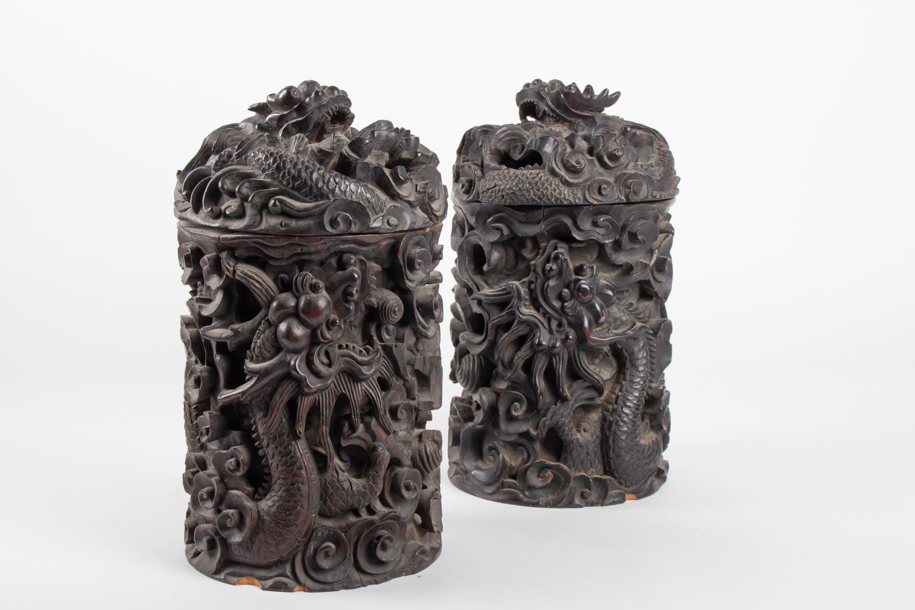 Chinese Export Two Wooden Box Indochina Iron, Decor Dragon, 19th Century