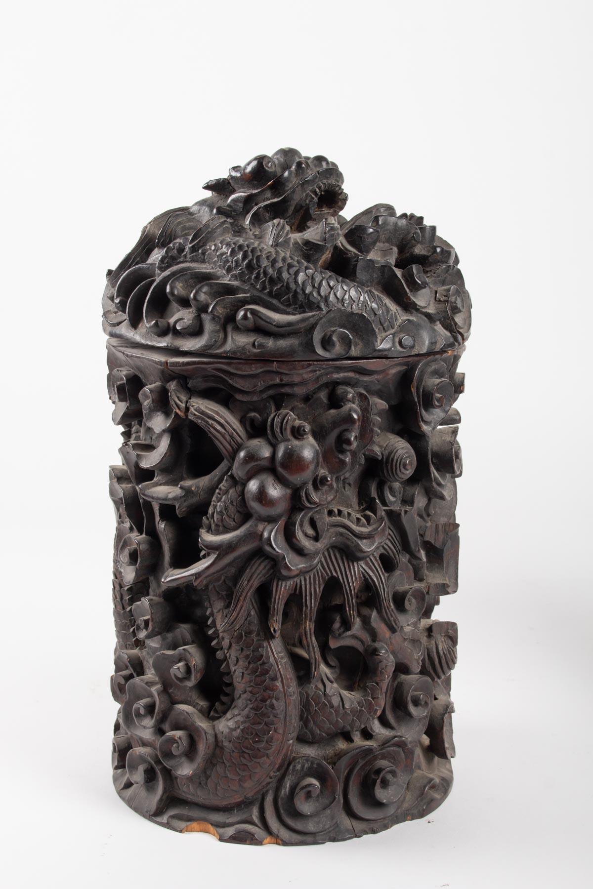 Asian Two Wooden Box Indochina Iron, Decor Dragon, 19th Century