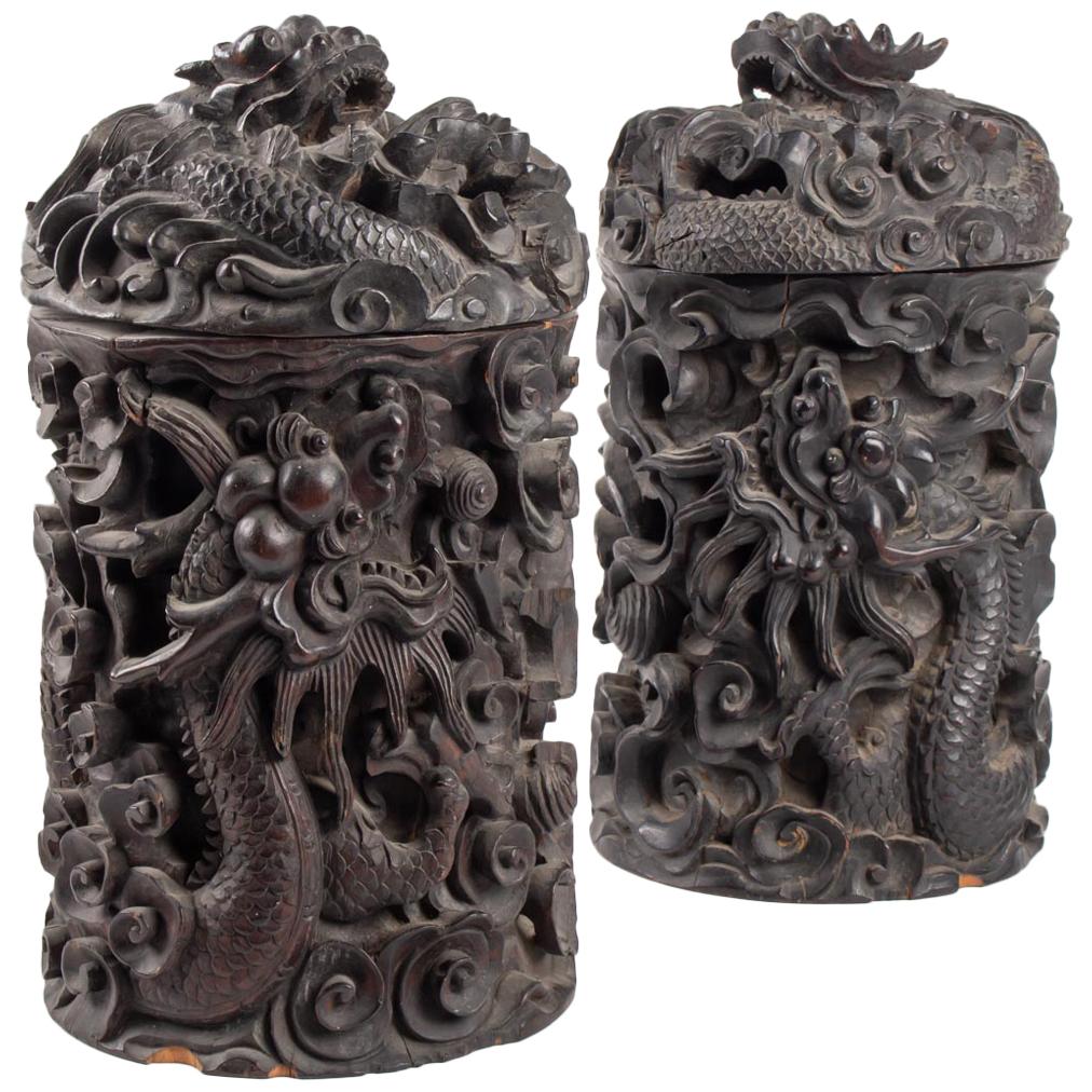 Two Wooden Box Indochina Iron, Decor Dragon, 19th Century