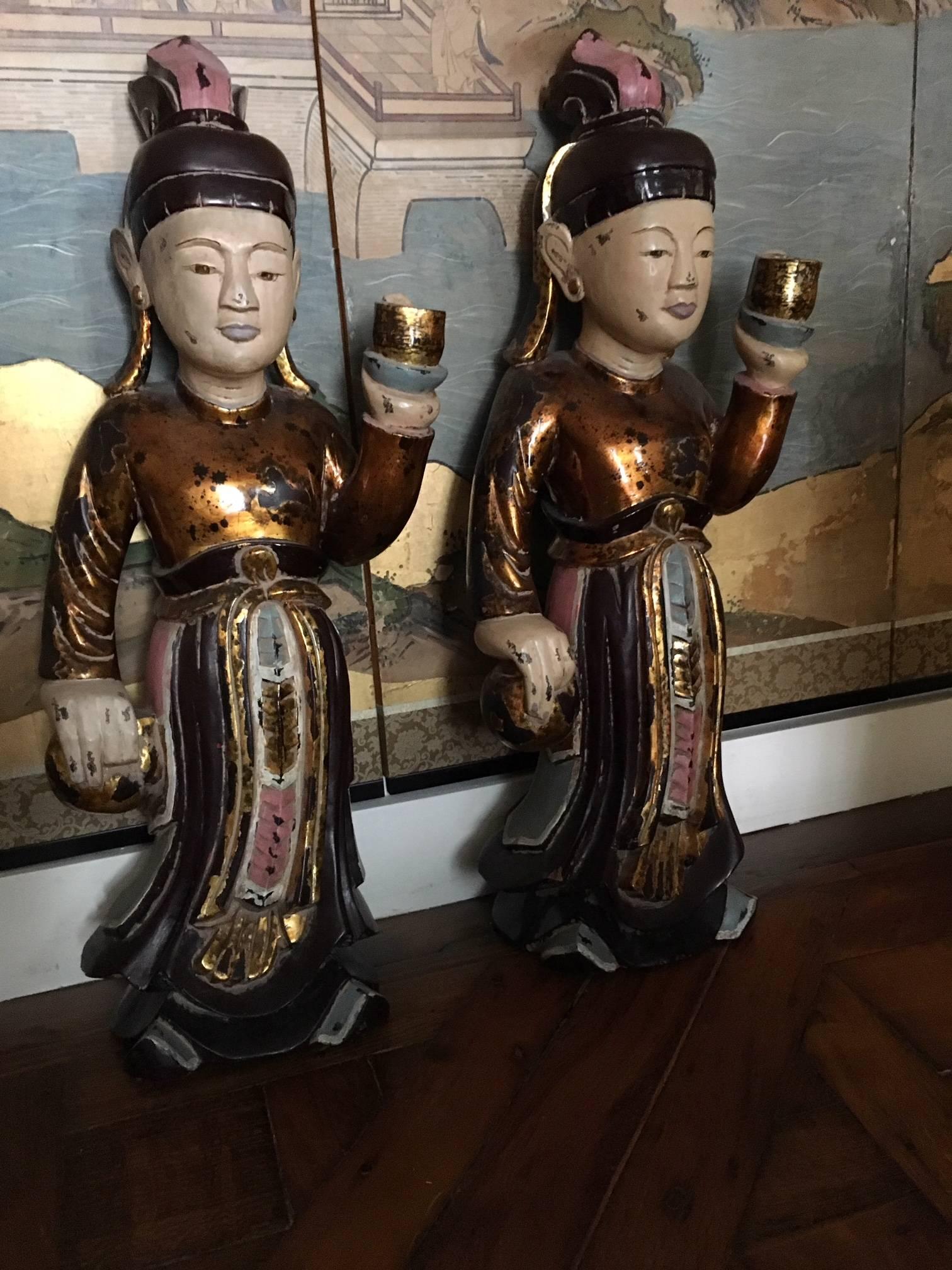 Giltwood Two Wooden Sculptures of Worshipers, Vietnam For Sale